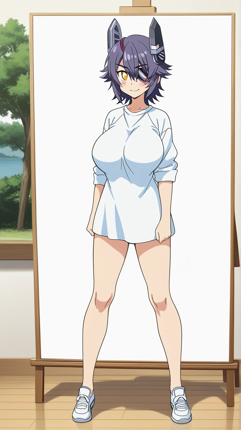 best qualityer,(tmasterpiece:1.2),highly detailed,sitted,Mature woman,
1girll, 独奏, hamaoka azusa,
looking at viewert,ssmile,,
Purple eye,Purple colored hair,short detailed hair,green-shirt,Red bra strap,Full buttocks,plumw,big breasts body