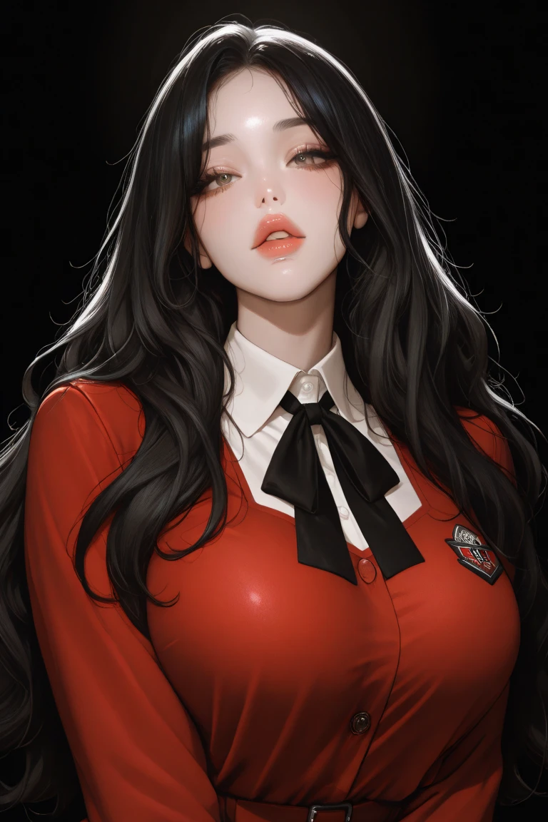 1 girl、Detailed facial details,Cat ear,Black long hair,red lips,Slim,White latex school uniform,Student Clothing,Large Breasts,Charming red eyes,,handcuffs,collar,Radiant Skin,campus,forest