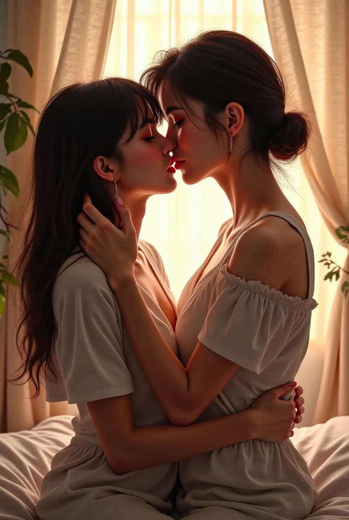 8K, Masterpiece, RAW photo, Best quality, Photorealistic, Extremely detailed CG unifies 8K, 8K, Diamond, and wallpaper, Depth of field, Cinematic light, Lens flare, Ray tracing, (Extremely beautiful face, Beautiful lips, Beautiful eyes), intricate detail face, ((ultra detailed skin)),(Stroke each other:1.5),(Two women sleeping on the sofa:2)(Female manager in brown suit:1.5),(The female secretary wears a white shirt,Wearing a black tube skirt:1.5),enjoying,(Blushlush:1.5),(Kissing:1.5),big breasts beautiful,prette,Raised sexy,NSFW:0.3