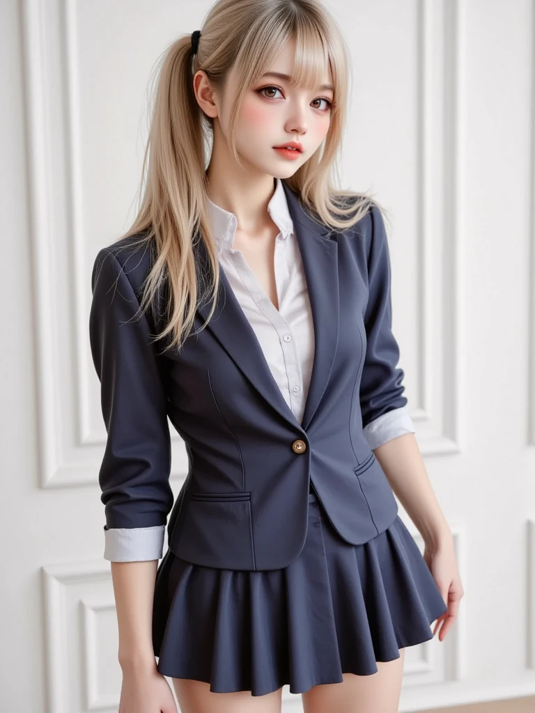Anime girl standing on city street with long hair and blue eyes, trending in ArtStation Pixiv, purple eyes, blue tie, beautiful (detailed eyes, detailed face,) Ahegao, euladef, noble temperament, high heels, no watermark