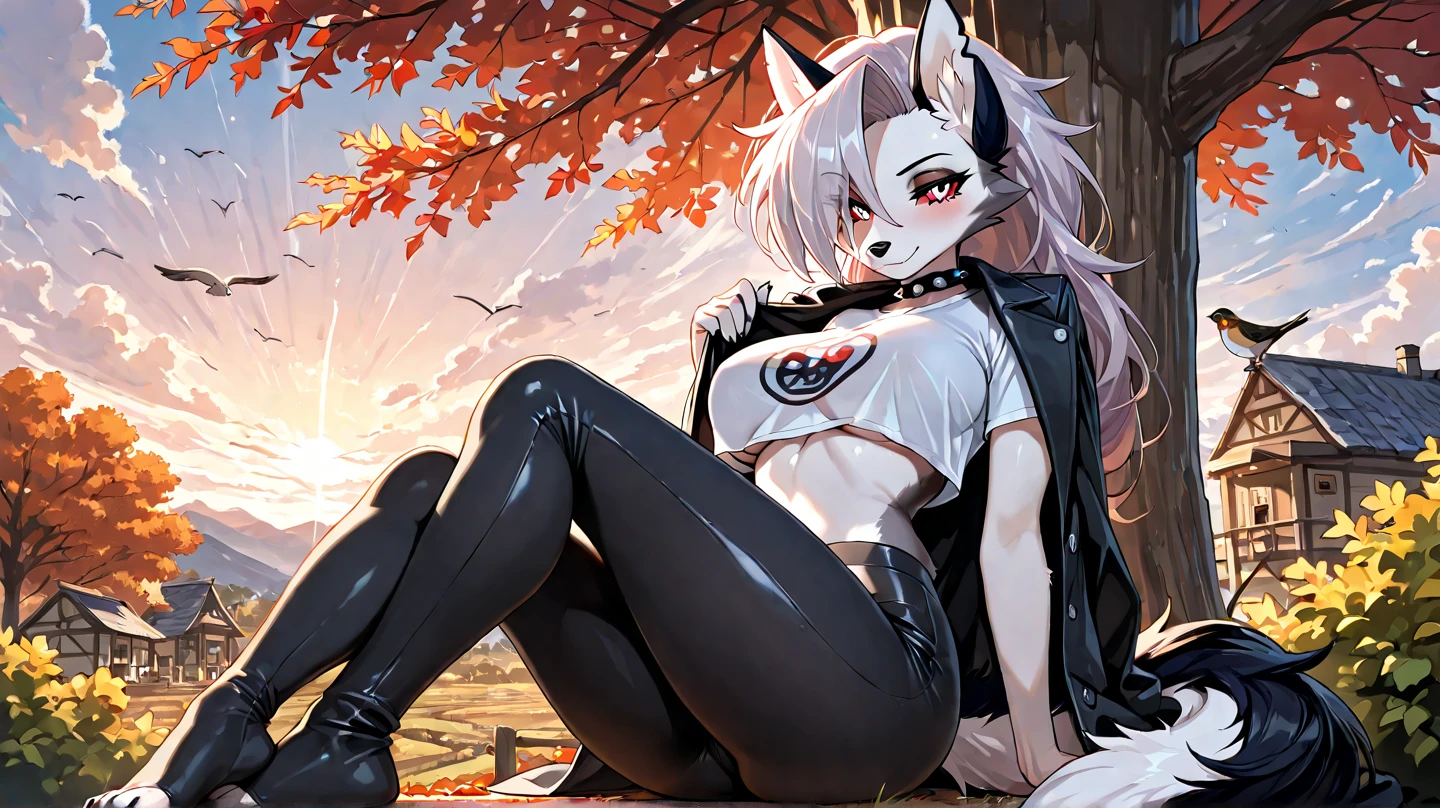 woman, long hair, red hair, on her head she has two horns, her body has more curves, violet eyes, she is smiling, wears a sweatshirt, black sweatshirt with symbols in white, wears leggings , uses two rings on his hand, the scene and in a field