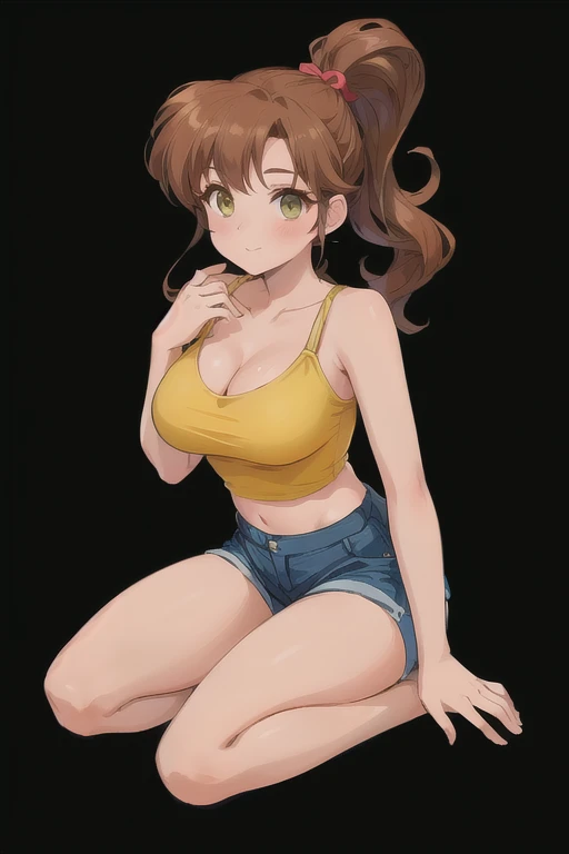 Masterpiece, best quality,solo, (cowboy shot), minami kotori, curvy body, torn white tank top, brown short shorts,goggles on head, ,earrings, fortune , slightly exposed midriff 