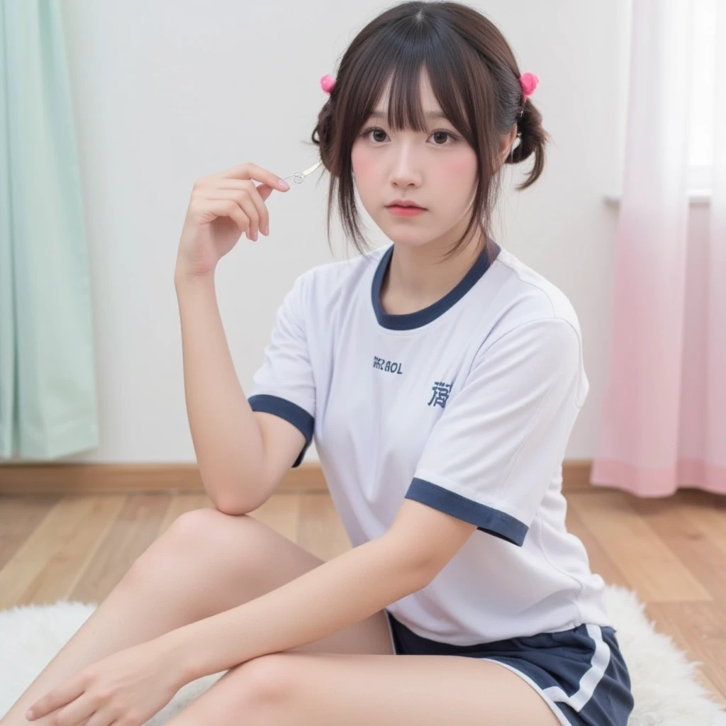 Best Quality, masutepiece, Ultra-detailed high resolution, 8K, Cute Japan teenage girl, Long Black Hair, Pink headband, petite and short body, Little girl looks like a 7-year-old, Baby face, Lori, Soft smile, Straddle the chair, lift clothes, crotch focus