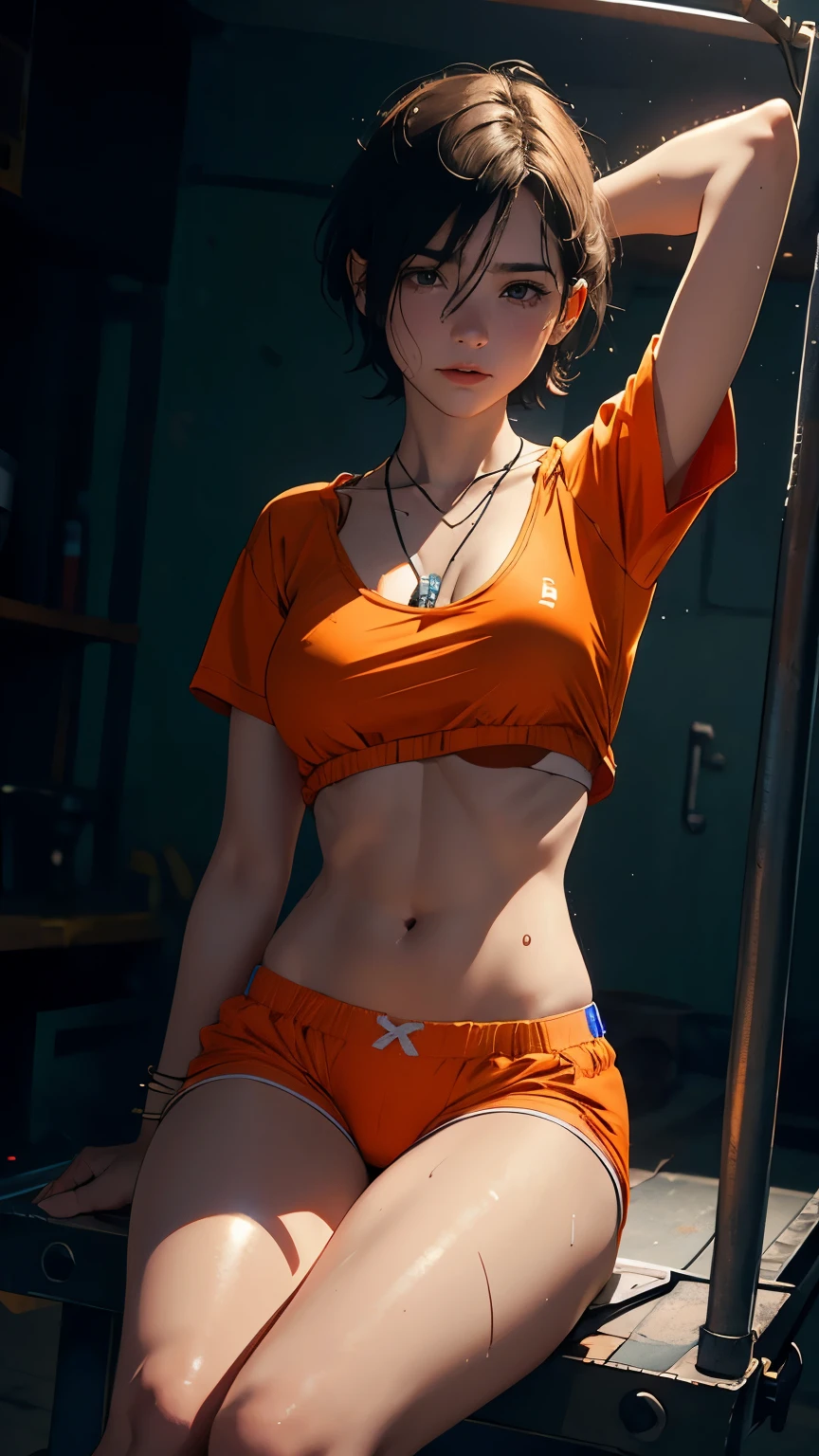 (view from the corner), Woman, 21 years old, big breast, perfect body, lying on a metal stretcher, connected to a machine, perfect body, hands tied to the metal stretcher, legs open, Latina skin, (background: prision cell), (wearing: transparent top orange with serial number and lights), medical equipment around, syringes in the background, (underwear: short boxers with transparent lights), necklace with lights, transparent thigh bracelets, (face: crying expression), sweat on the skin. detail in the skin, short hair, soft lighting, robot guard in the background