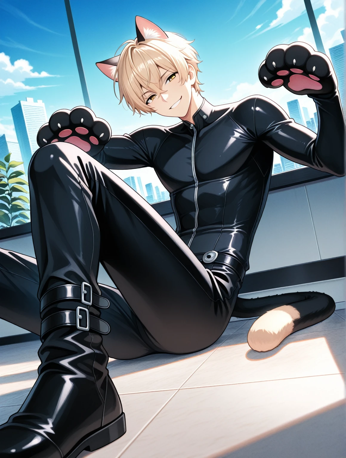 Highest quality, Highest quality, High quality illustrations, masterpiece, Ultra-high resolution, Detailed Background, Inside the Jail, Absurd, Perfect Anatomy, Performance, Good lighting, Shadows in the movie(kemono, Furry Personification), Cat,Rubber Suit, latex, Earrings, male, Handcuffs, Harness, gag, Being restrained, Bondage, null bulge