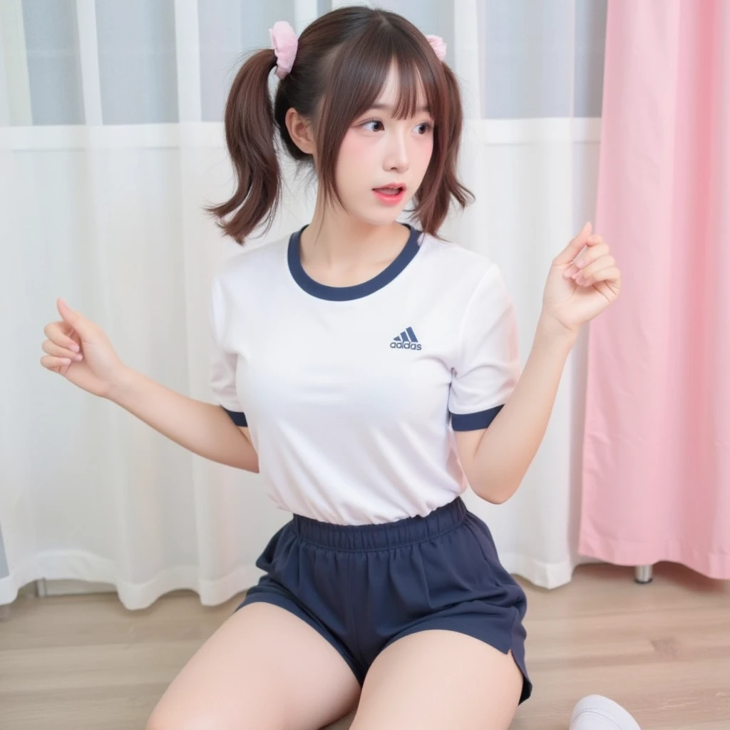 cute, girl, junior high school student, black hair, bob hair, school track suit, short sleeves, shorts, blush, smile, small bust, see-through under wear 