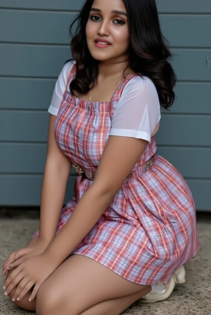 Random outdoor image of 20yo  in school school photo in school masterpiece, (photorealistic:1.4), best quality, beautiful lighting,Eleanor Mexico latino girl 20yo Old Big 44J Breasts Plus Size Model Bun lHair Bun Hair Hair Lifts Skirt Up Raised Skirt, wearing random Sexy Floral Print Satin Slip outfit. 