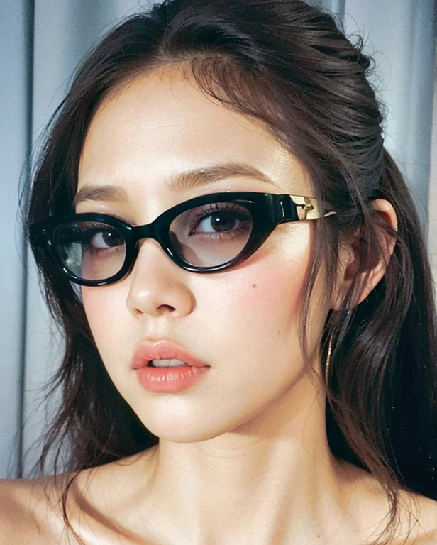 (Portraits:1.4), (masterpiece:1.2, best quality:1.2), from above, upper body, 1girl, Look up, face focus, extremely detailed face, extremely detailed eyes, good-looking, make up, finger on lips, sunglasses, fashion wear, earrings,