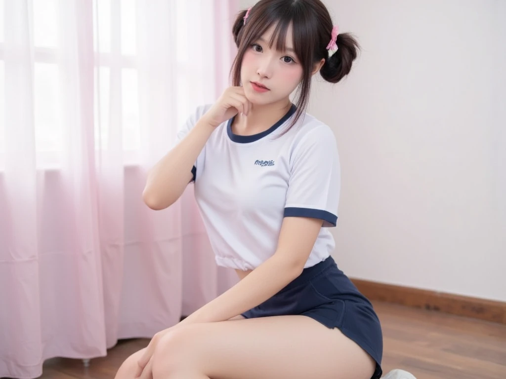 score_9, score_8_up, score_7_up,(Best quality:1.0),(masterpiece:1.0),photorealism, realistic, photorealistic, Beautiful Adolescent, break, 1girl, 15yo,, cute face,  (black hair:1.1), (black eyes), low ponytail, (small breasts:1.1), beautiful Detailed (well-shaped) breasts, slender, smile,(japanese:1.2), short sleeves, blue shorts, gym uniform,(Detailed Lighting), (Detailed background), indoors, mat, gym storeroom, BREAK ,,super detailed skin,shiny skin,very high resolution, very aesthetic, Best sexual lighting powered by famous artist, 8k, 16k, sexual photo, photoshop_(medium),,best photo 8k konachan wallpaper, UHD Picture,uncensored,