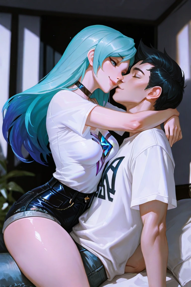 score_9, score_8_up, score_7_up, score_6_up, score_5_up, score_4_up, hot beautiful young girl hugging with fat ugly old man pulling and ,long blue hair, bangs hair ,criss earrings , red lipstick,cute t shirt and skirt,big breasts