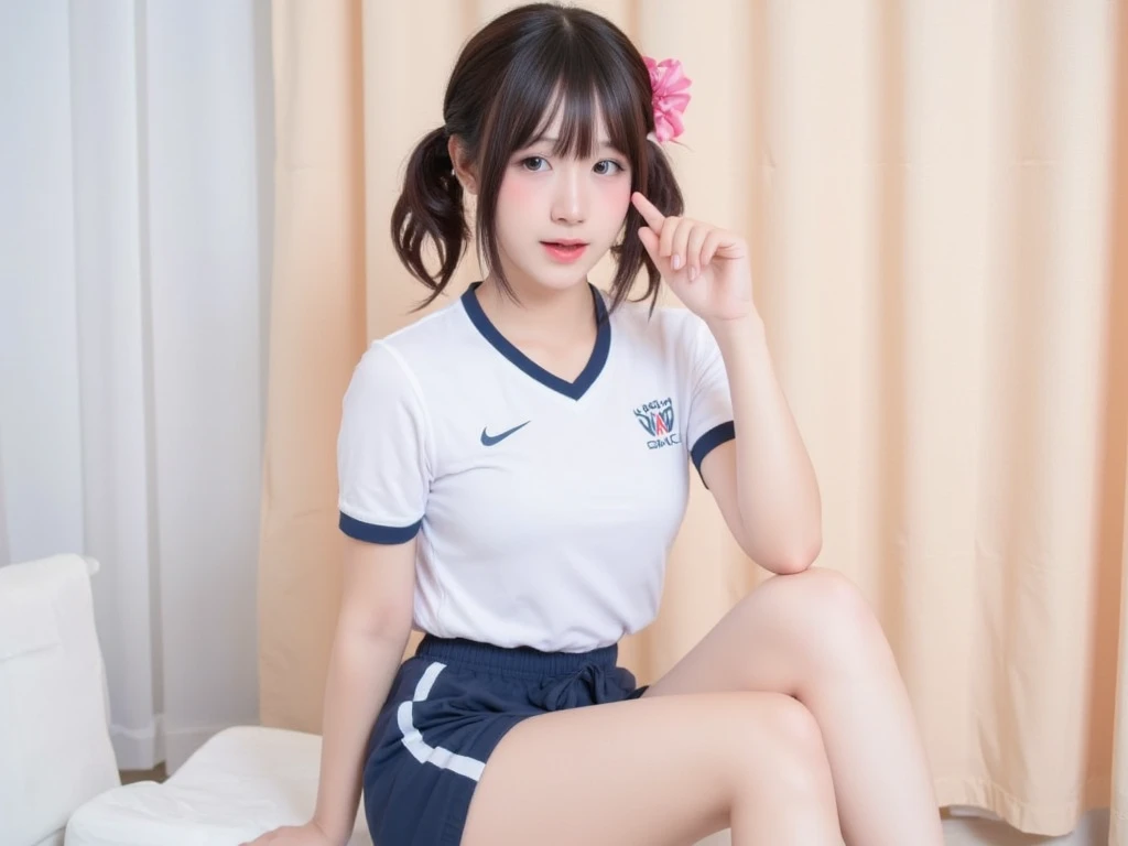 (Highest quality, 8K, masterpiece ), A 12-year-old junior high school student with a young face、Bun hairstyle、 Short Hairstyles、The eyes are large and clear、Large Breasts、Black Hair、Glamour thighs:1.2、Tight white training shirt, Highly detailed face, double eyelid, Round face:1.2、whole body、Sexy thighs:1.2、Round face:1.3、Side angle,Diagonal horizontal angle:1.2、Tight shorts