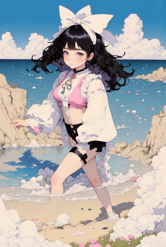 Random patterned swimsuit、Random Swimsuit、Swimsuits in random colors、Random pose、、Acme Face、Random pose、, Pale purple eyes、Light purple hair、Black Hair、Sandy Beach、、、nsfw、Highest quality、1 girl、独奏、Ocean、Sexy pose、Random pose、Blushing、wet、Embarrassed、I can see half of my 、、One Piece Swimwear、(Strap slip:1.3)、Swimsuits in random colors、Swimwear