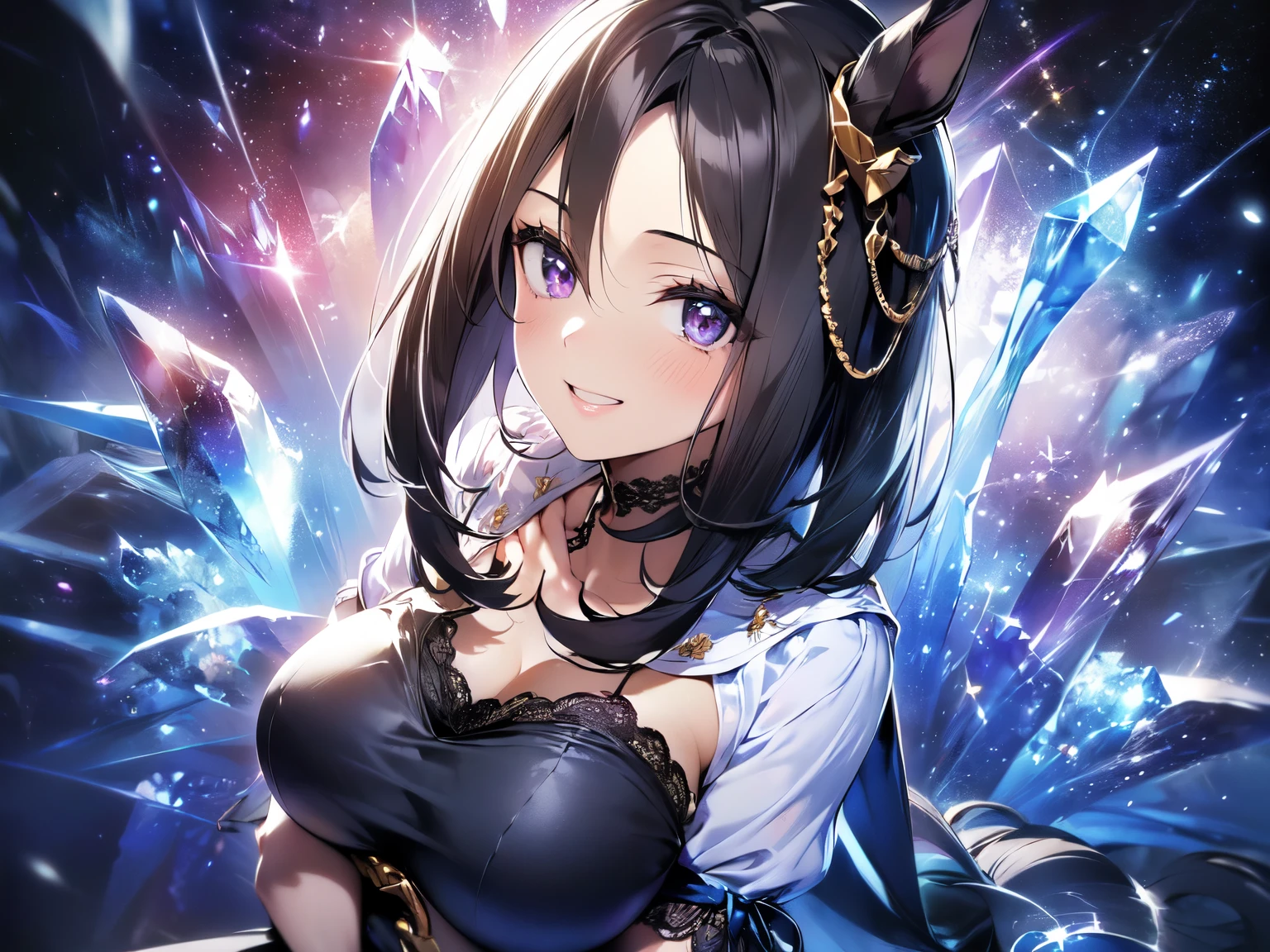 (Solo: 2). Girl. (Girl with horse ears: 1.5). (Girl with horse tail: 1.5). (Muscular girl: 1.5). (Nice ample breasts: 1.5). (Black hair: 1.5). (Sitting torture: 1.5). (Hidden fingers: 1.5). (Arms crossed: 1.5). (Beautiful sheer blue short sleeve lace dress: 1.5). (Wearing a big beautiful tiara: 1.5). (Beautiful sheer black gloves: 1.5). (Beautiful sheer black pantyhose: 1.5). (Smiling and looking at the camera: 1.5). (2D CG). (Dark purple background. Lots of crystals. Starry sky: 1.5). Exquisite anatomy. (Amazing. High quality. High resolution). (Close up of upper body). (Center of chest)