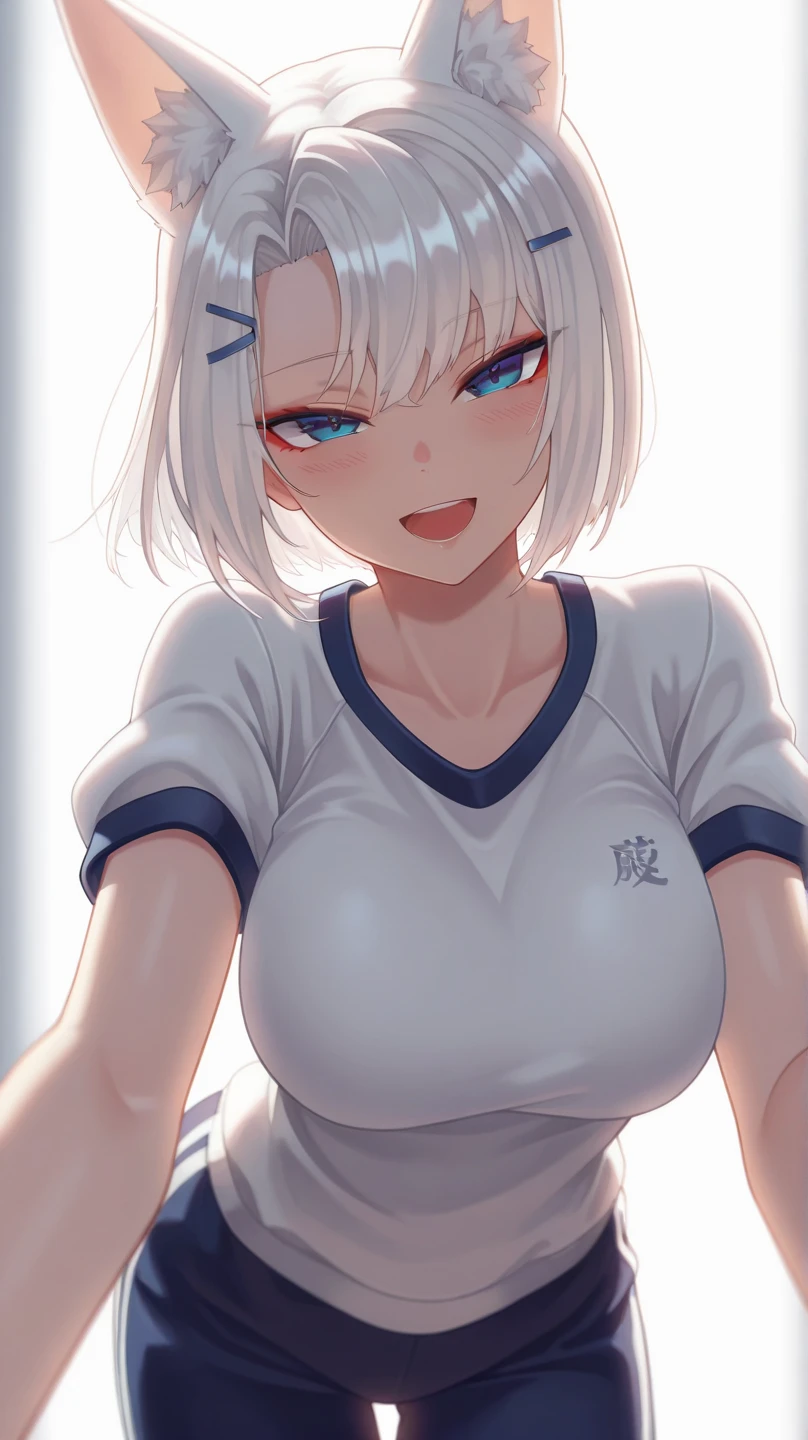 beautiful, masterpiece, Highest quality, anime, One girl, C Cup,Portrait Shot, View your viewers, Covered、Short Hair、nearby、Blue Eyes、art、、White hair,Blue streaked hair、hairpin、Cute smile、Thighs、Cute、Sweat、Volleyball uniform coordination、Shorts、navel、gym、Separate outfit、Underboob、Armpit