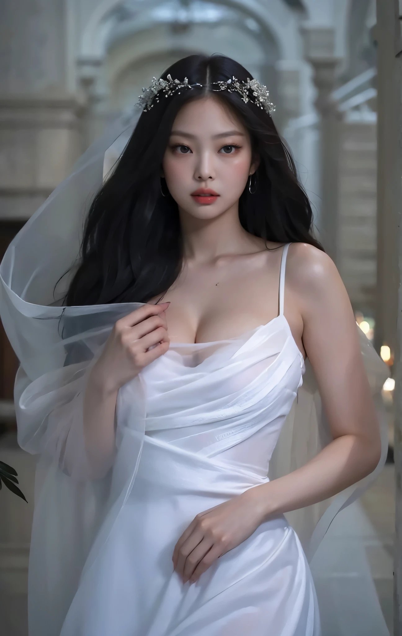 Best Quality, Masterpiece, High Resolution, Physically Based Rendering, (Realism, Photo Realism: 1.37), 1Girl, Long Vest, Beautiful Face, Black Hair, Looking at the Audience, Shy, Smiling, Big Eyes, Beautiful Face, Body, Big Boobs, Deep Cleavage, Realism, White Studio, Pure White Background, Edge Lighting, Two-Color Illumination, (High Detail Skin: 1.2), 8k UHD, High Quality, Volume Lighting, Photo, High Resolution 4K, 8K, Blurred Background