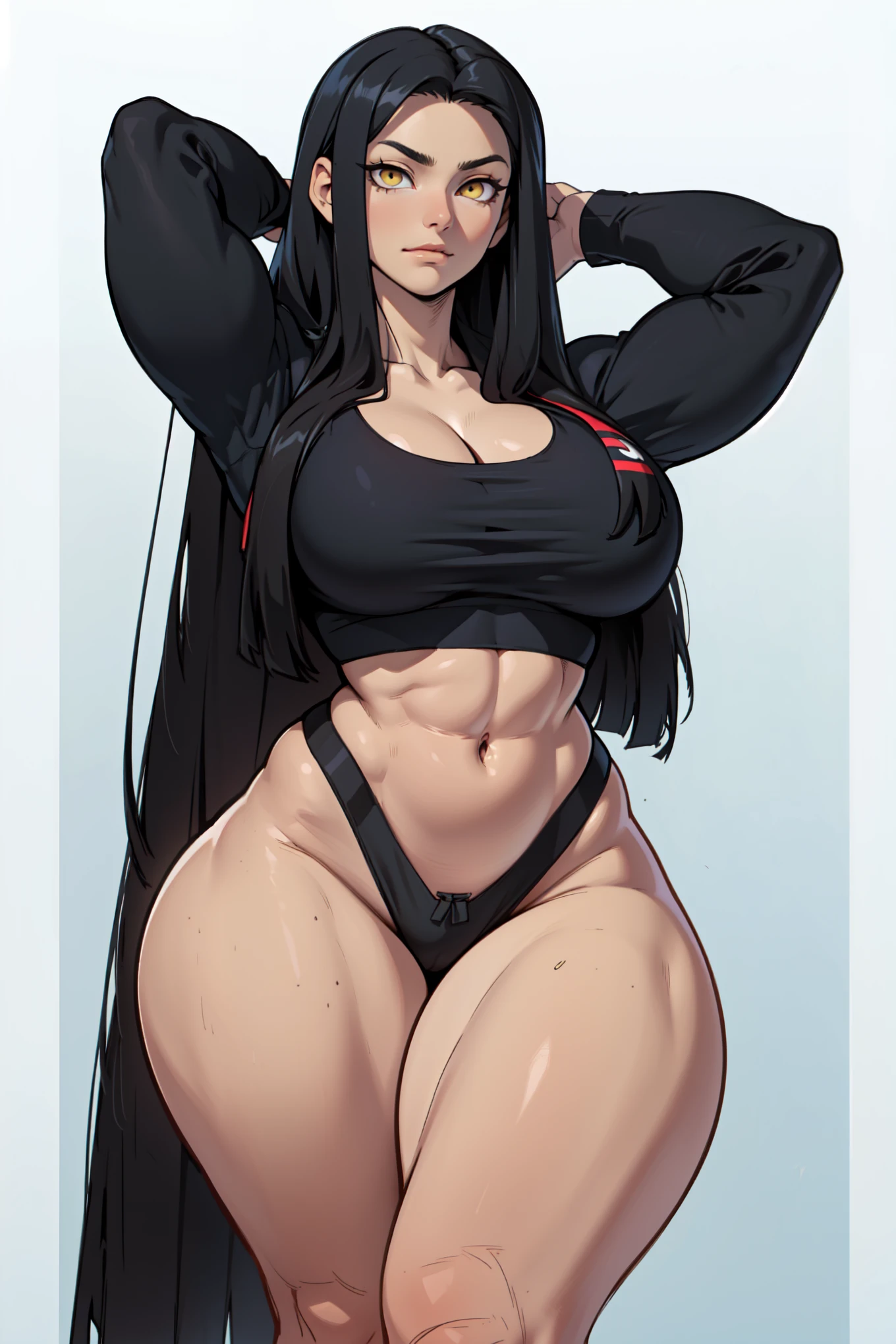 very long hair messy hair black hair yellow eyes pale skin muscular girl thick thick thick disgust disgust disgust breasts