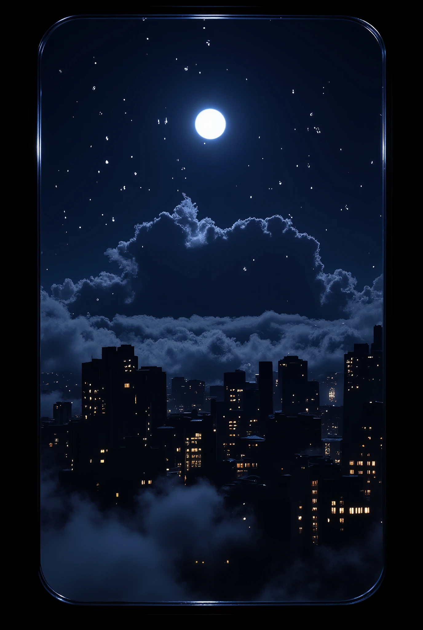 night,透过雨后Window with drops of water看向窗外的风景,Window with drops of water,A bright moon,Window with drops of water,White Cloud,A complex of buildings with slightly flashing lights,Window with drops of water