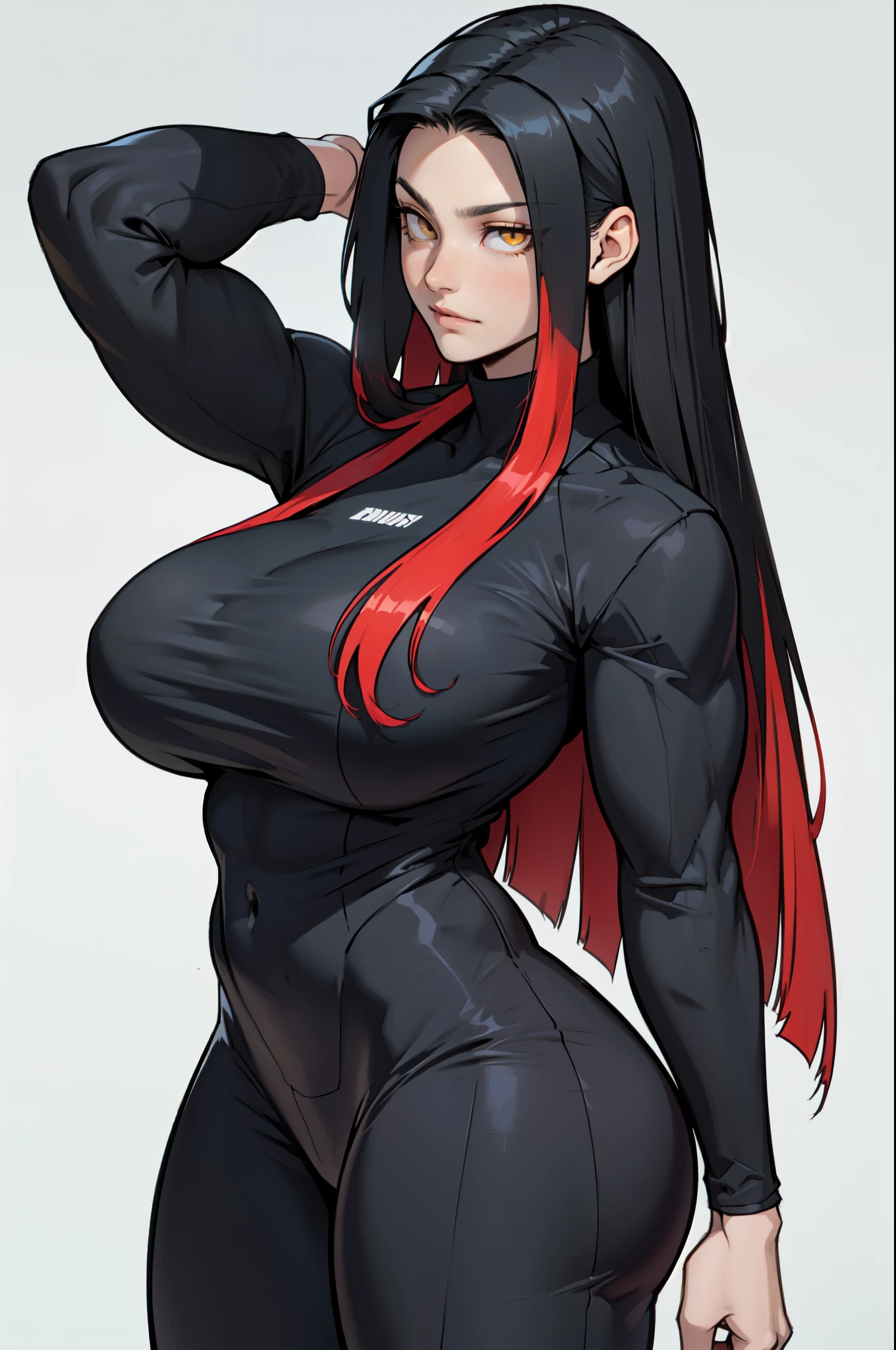 girl muscles huge breasts pale skin very long hair black hair yellow eyes sad blushing solo frown ponytail