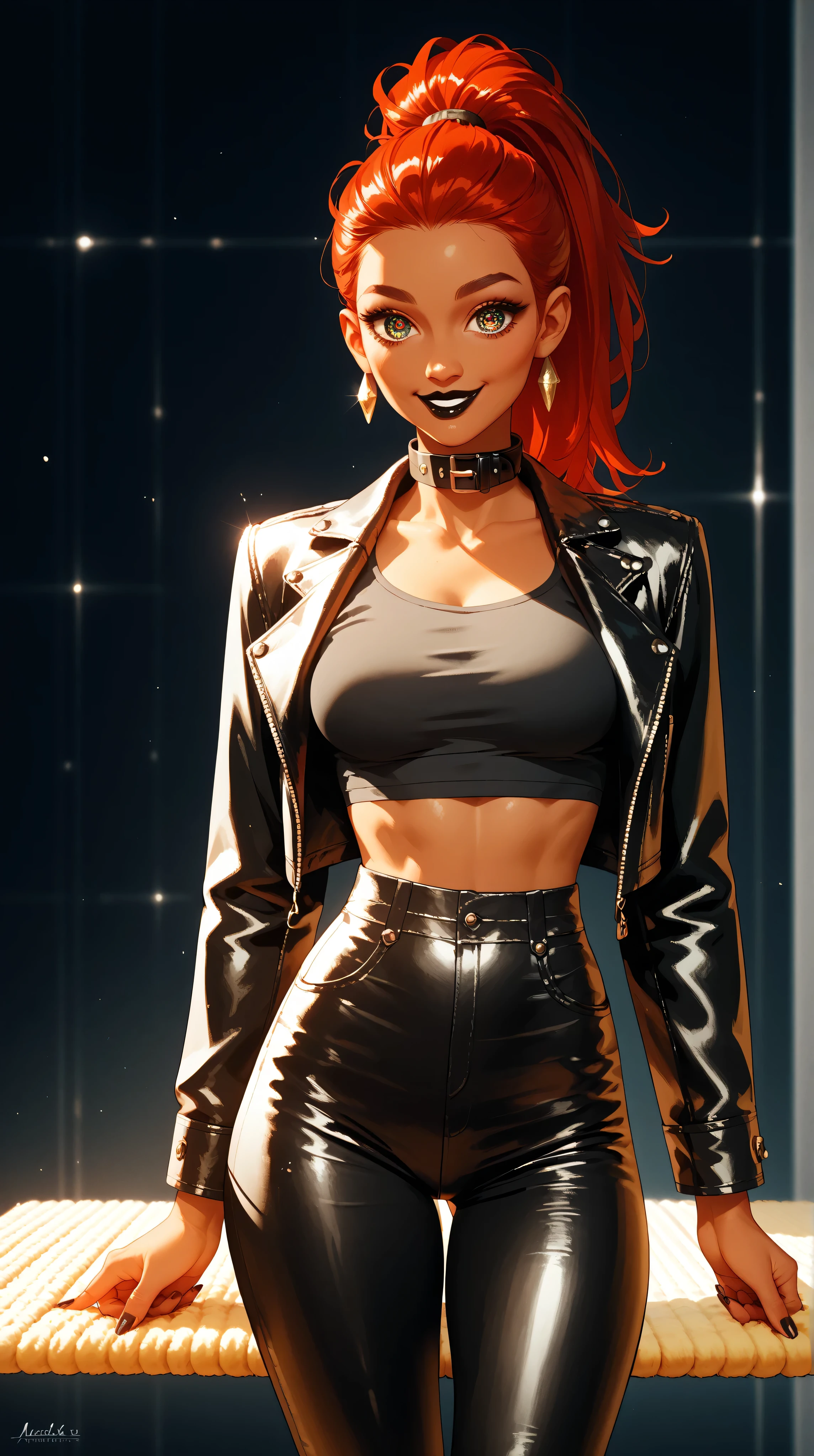 small muskular estonien girl, clean silicone breasts, mat black leather pants, red hair , ponytail, black collar , create it as an epic wallpaper, standing , background empty, mat black leather crop top, thick glamorous make-up, beautiful eyes, tanned skin, beautiful face slide smile, dark lipstick, leather jacket