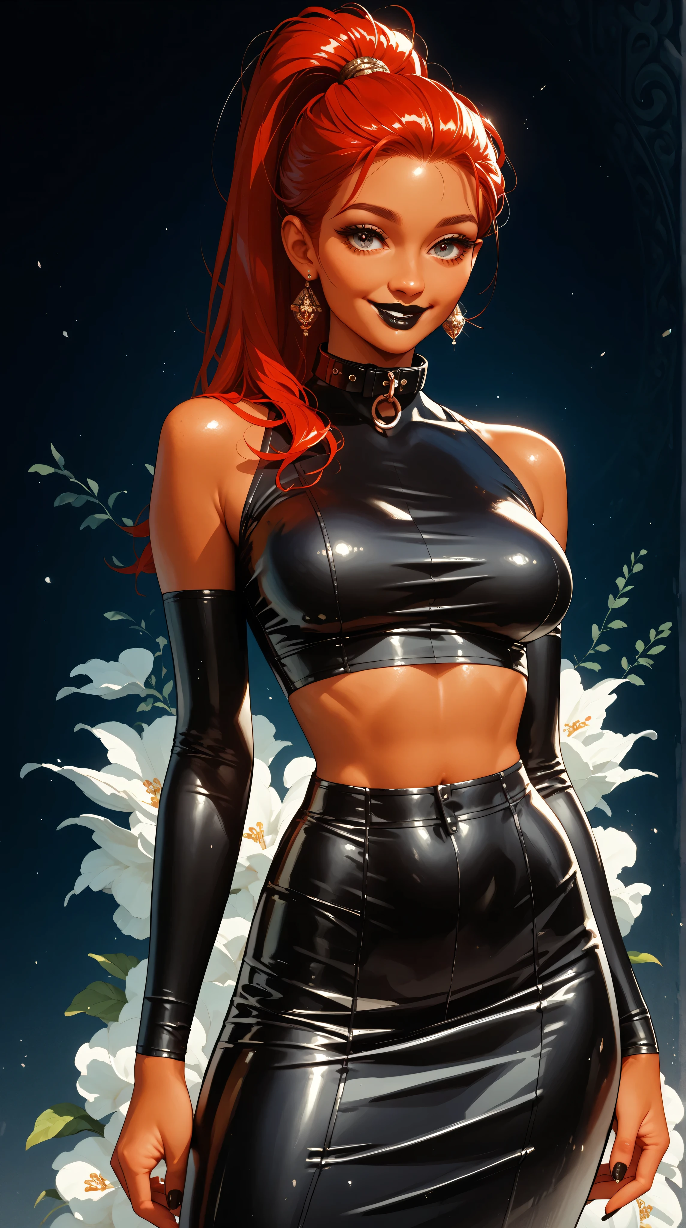 small muskular estonien girl, clean silicone breasts, black latx skirt, red hair , ponytail, black collar , create it as an epic wallpaper, standing , background empty, black latex crop top, thick glamorous make-up, beautiful eyes, tanned skin, beautiful face slide smile, dark lipstick