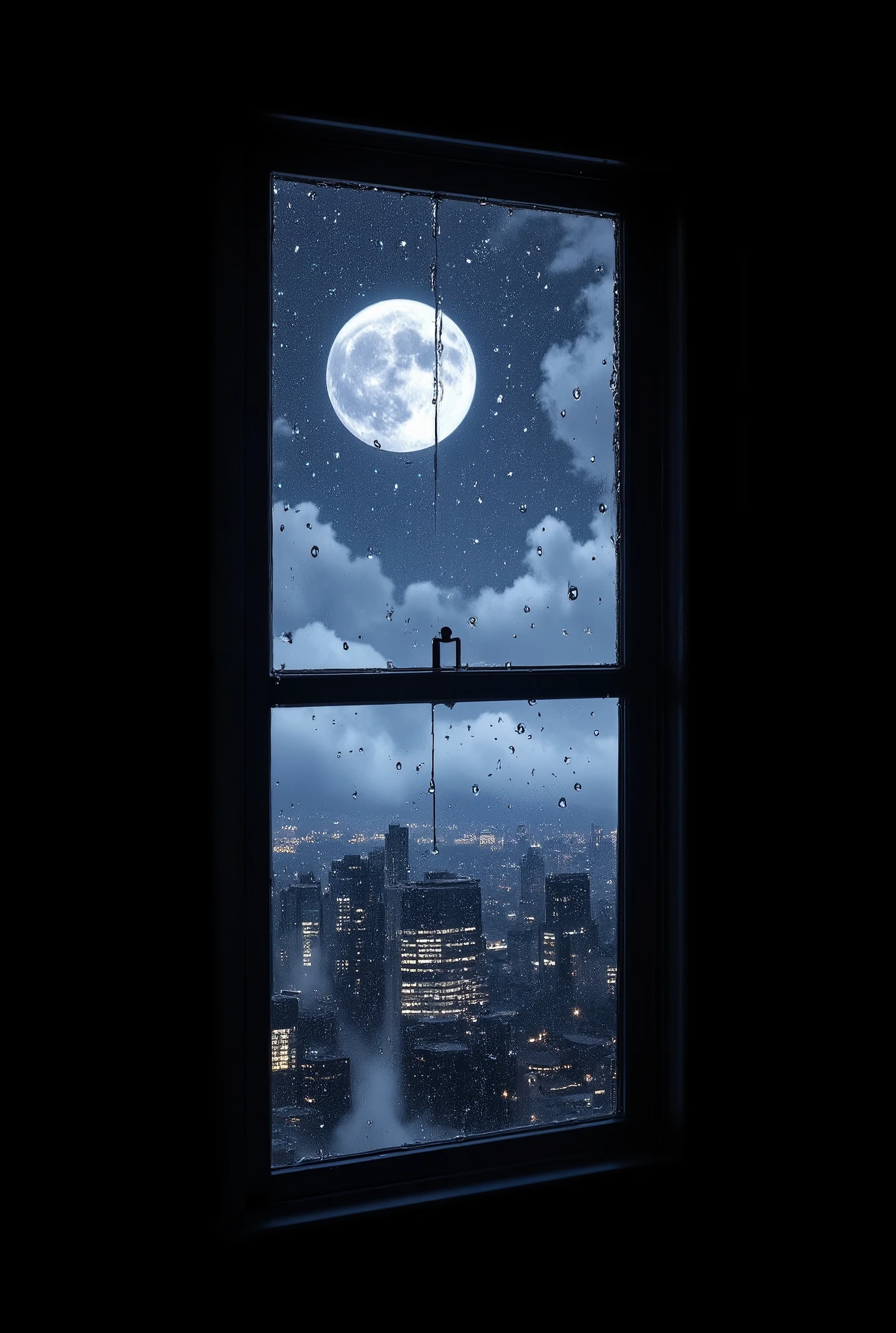 night,透过雨后Window with drops of water看向窗外的风景,Window with drops of water,A bright moon,Window with drops of water,White Cloud,A complex of buildings with slightly flashing lights,Window with drops of water