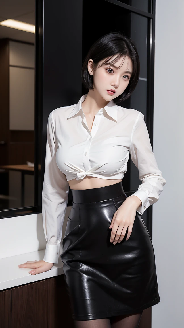 (((Mai Shiraishi, white camisole, black pleats skirt, cowboy shot, back shot, back view, looking ahead, dark brown very short hair, gigantic breasts, arms behind back, standing))))))(((masterpiece, best quality, highly detailed, absurdres, RAW photo, ultra high resolution)))), highly detailed face and skin texture, detailed eyes, clear focus, an asian young and beautiful girl, white skin, real human skin, oval face, pores, gentle and goddess-like eyes, lip gloss, eyelashes, gloss face, Wide range of lighting, Natural shading, Small waist, slender body, slight smile, Clear features, Beautiful face, Double eyelids, Sagging eyes, at office