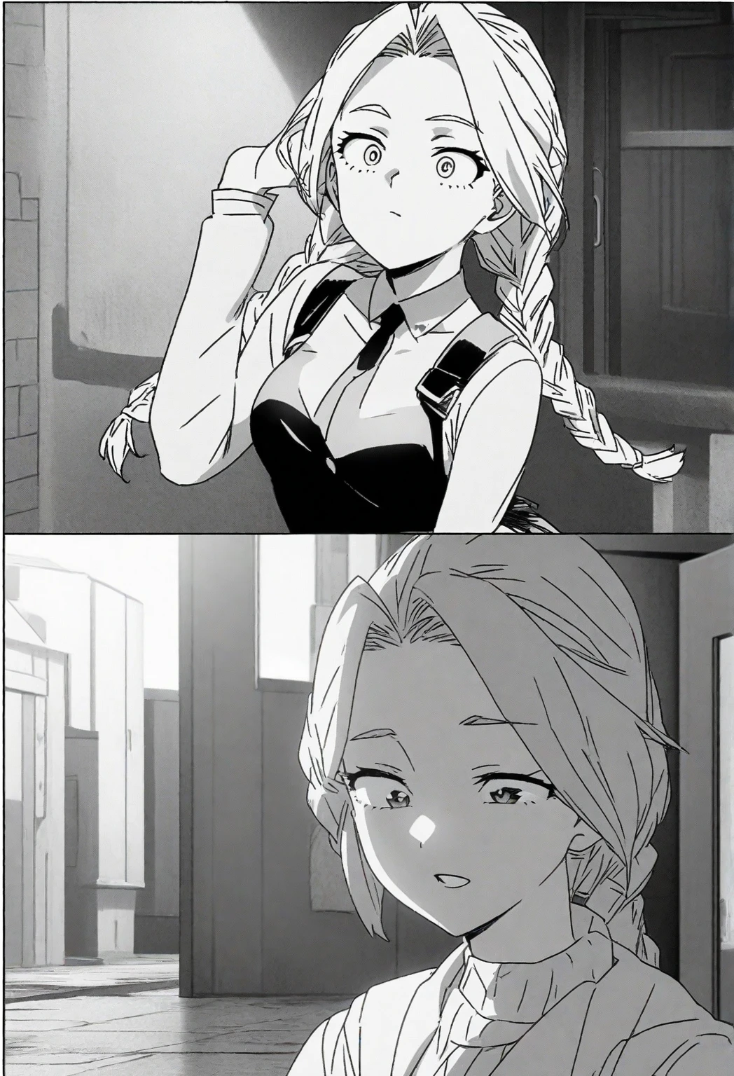 katsmir, 1girl, solo, sad, braid, single braid, long hair, tears, school uniform, hair over shoulder, sitting, sitting on the stairs, writing on the wall, skirt, monochrome, grayscale, indoors, school corridor, ballet flats <lora:katsmir-15:0.55> <lora:LowRA:0.35>
