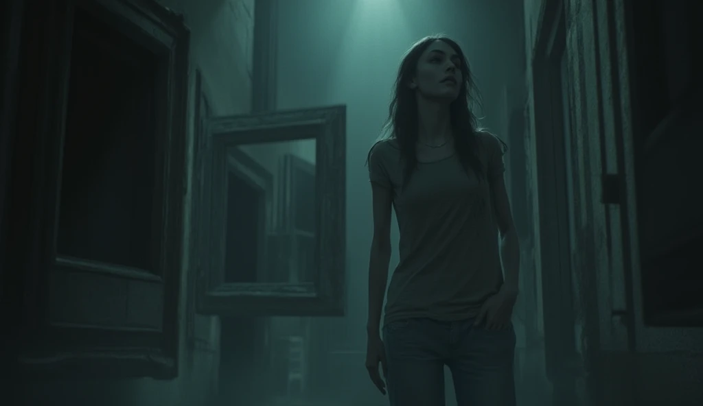 A woman in a dark house standing down and seeing upstairs out of fear