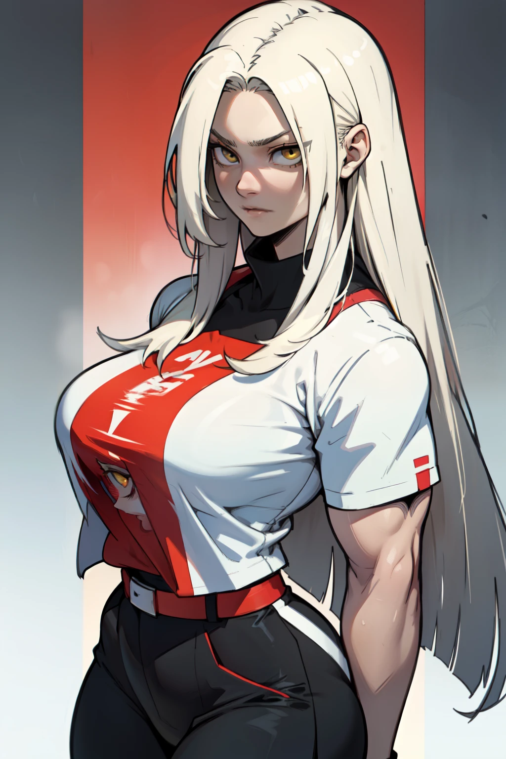 anger, (((Muscular girl toned body huge breasts))), ((six packs, chiseled abs)), (((ample, gigantic breasts, large areolae))), Long silky blonde hair, yellow eyes, white skin (latex, military uniform, wearing white military uniform, wearing white military pants), background surrounded by crowd