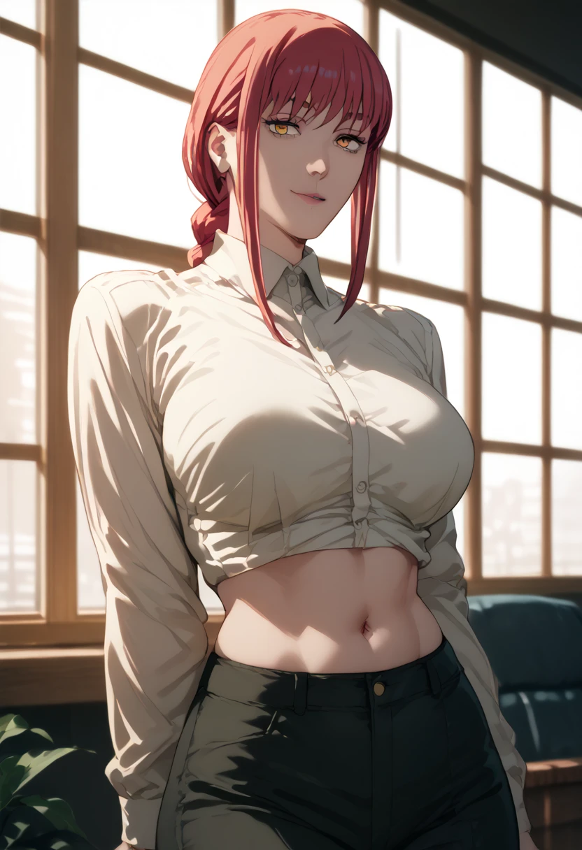(masterpiece, best quality:1.2), solo, 1girl, red hair, yellow eyes, makima,, unbuttoned shirt with collar, on the chest, a lot of, black unbuttoned pants, wide hips,