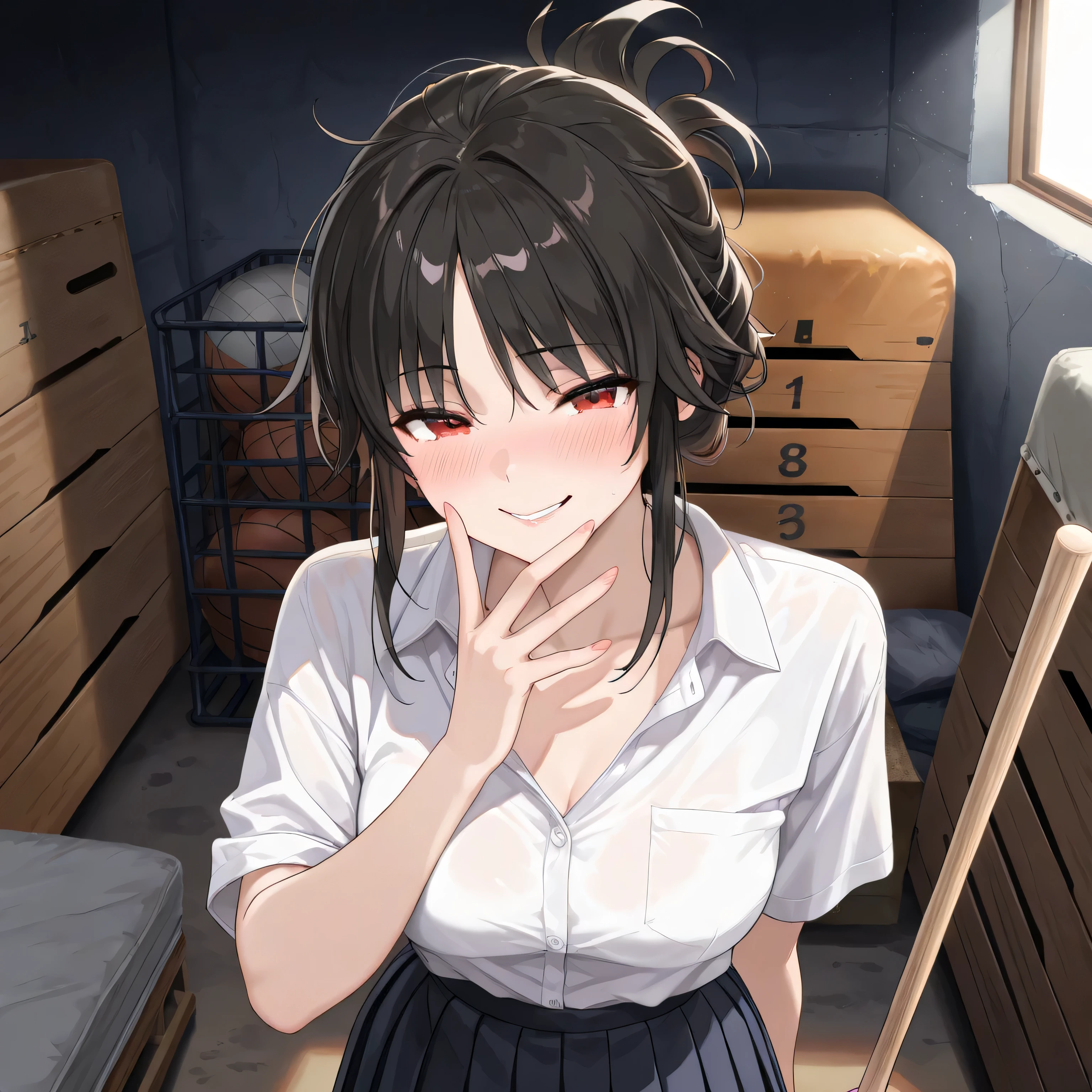 top-quality、supreme１People Girls,hightquality,A detailed face、A detailed eye、Detailed nose、Detailed mouth、 Beautiful expression, ((masuter piece)), ((High resolution)), ((Best Quality)), detail, (NSFW:1.4 ,With a disgusting face,Glaring at this), ((Skin shiny with sweat)), (Yoga Wear:1.2)、 girl with,red hairs, (short-hair)、yoga pose:1.3、fair white skin:1.3、、large full breasts, cinmatic lighting, perfectly shaded,(((dark storeroom))), Realistic lighting with shades,Reflecting the whole body