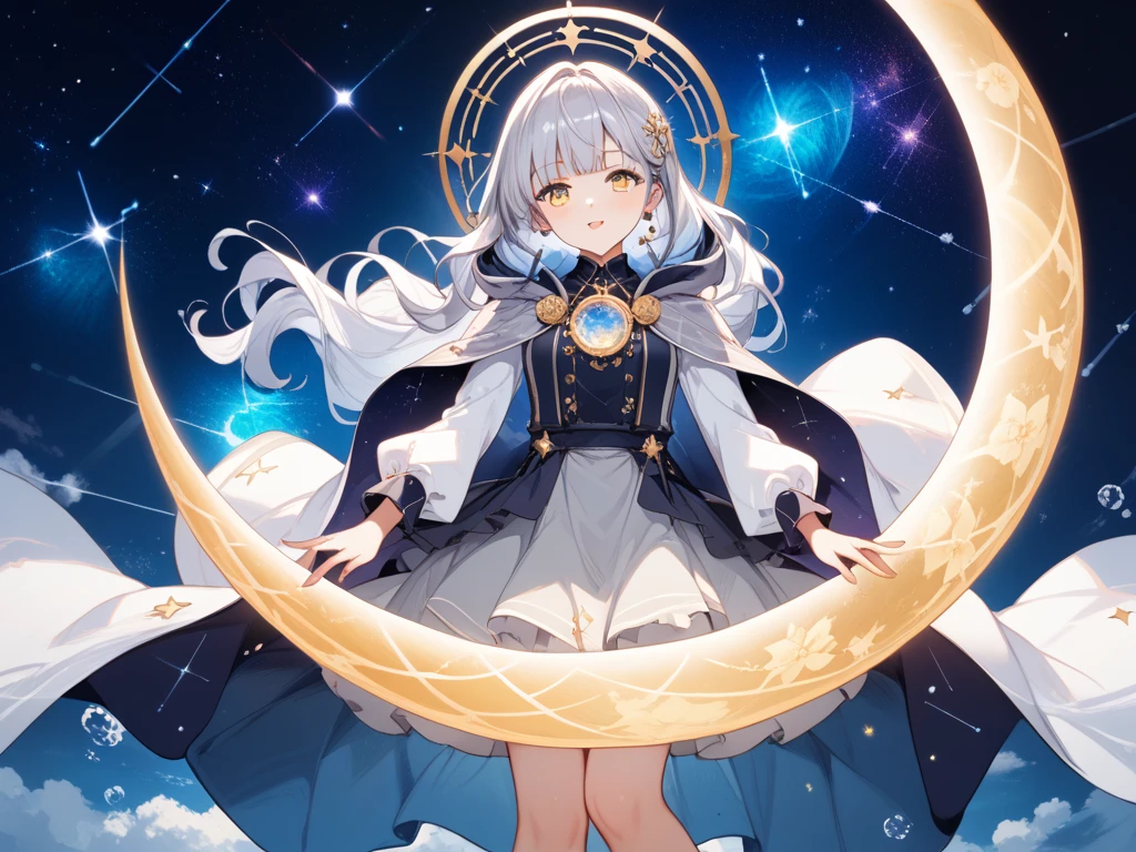 One very cute devil girl、One very cute angel girl、2 girls、13 years old、standing position、full body shot、white luxury dress、not wearing panties、Transparent white skin、Bust size according to age、the sun and the moon、god々new light、background night sky、smile、open your mouth、