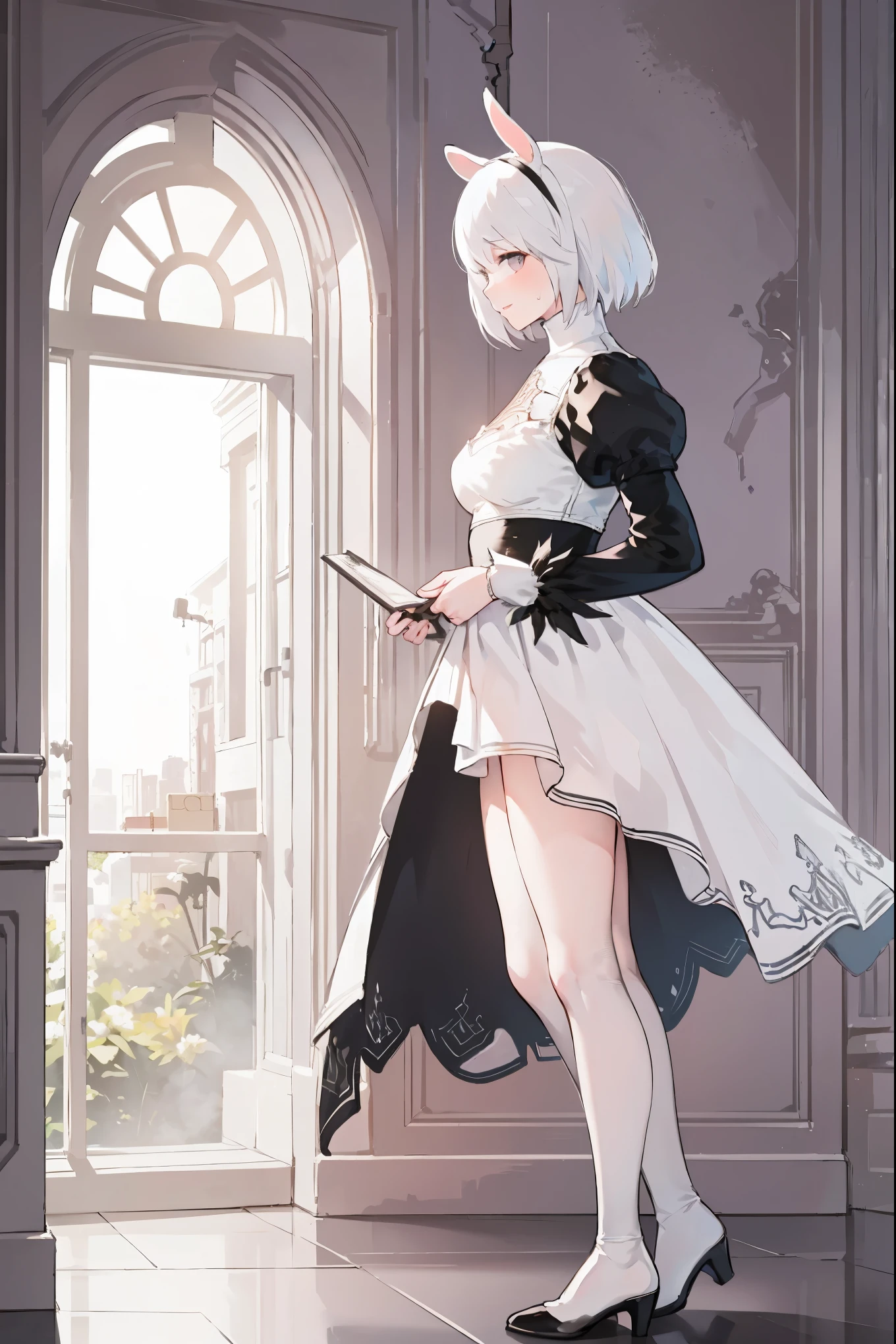 2b, nier automata, yorha, android, 1girl Cowboy shot Solo Sharp outlines, rich details (long white hair covering human ears, 2long white rabbits ears, 2fluffy ears, pink lips, NO EARRINGS) Iron Collar with O-Ring Subtle natural look with minimal makeup, focusing on her ful body and full pink lips are visible Muscle, full body, tall, abs See-through full body suit, skin tights Left leg +High leg kicking+ Sweating Detailed face, detailed feminine hands From side Smile in a luxurious hotel room, cinematic natural lighting Looking at viewer