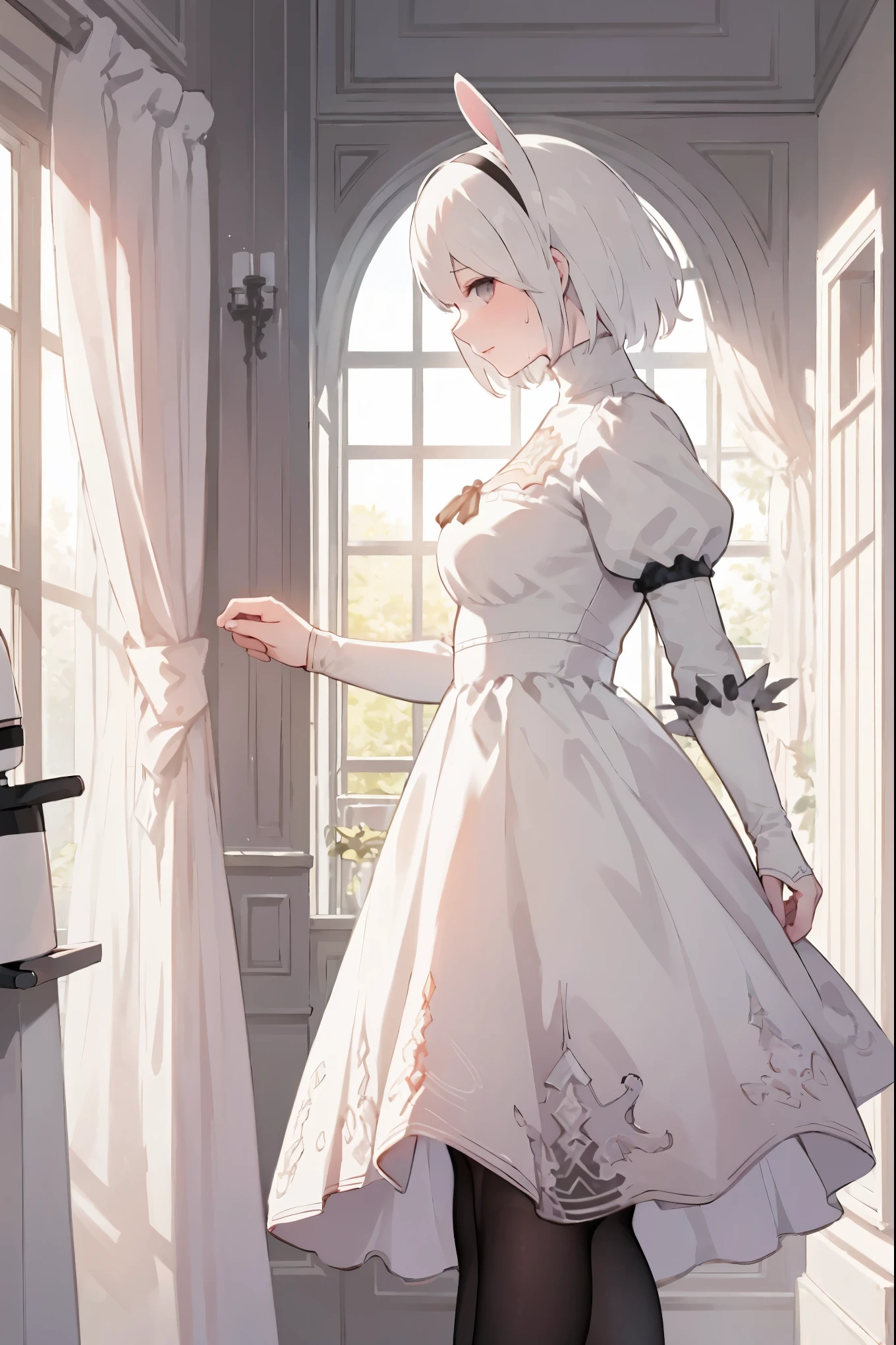 2b, nier automata, yorha, android, 1girl Cowboy shot Solo Sharp outlines, rich details (long white hair covering human ears, 2long white rabbits ears, 2fluffy ears, pink lips, NO EARRINGS) Iron Collar with O-Ring Subtle natural look with minimal makeup, focusing on her ful body and full pink lips are visible Muscle, full body, tall, abs See-through full body suit, skin tights Left leg +High leg kicking+ Sweating Detailed face, detailed feminine hands From side Smile in a luxurious hotel room, cinematic natural lighting Looking at viewer