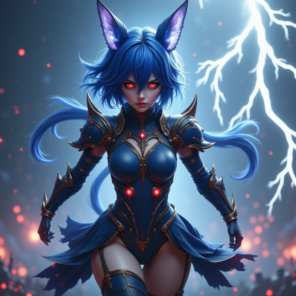 masterpiece, best quality, 8K wallpaper, HDR, octane rendering. A girl, fierce expression, ((Black aura with blue around her, malevolent energy)), wearing, ((WOLF armor, Wolf Helmet)), ((black armor with shiny black:1.2)), ((Poses moving:1.4)), (full body), China, walls, landscape destruction, detailed scenery, the girl has (Messy hair, shiny black hair:1.2), (Beautiful and detailed face with perfect symmetry), (Green eyes beautiful and detailed), (soft open lips, smile, teeth:1.2), (body with perfect anatomy, perfect natural texture, high details, shiny skin) cinematic lighting, vivid colors, detailed illustration, depth of field.
