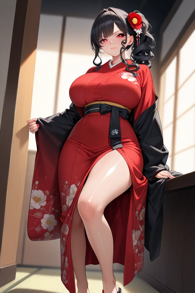 best quality,masterpiece, high res,original, beautiful detailed eyes,ultra-detailed, perfect anatomy,
1girl, solo, full body,
japanese clothes, kimono, white and black kimono,
large breasts, wide hip, mature female,
glamorous body, slender body,
perfect lighting,Colorful, Bright_Front_face_Lighting, shiny skin,
(beautiful_face:1.5),