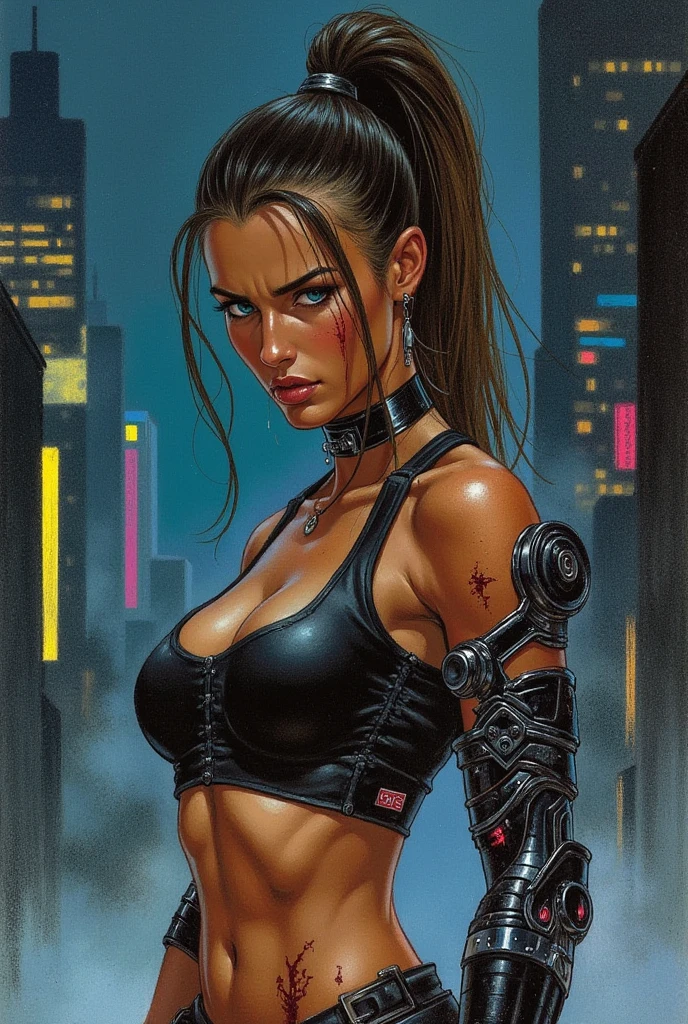 (melhor qualidade,ultra-detalhado,realista:1.37),Mulher ciborgue,olhos vermelhos,Mal,anime,enorme ,Sleek metal body,rosto inexpressivo,circuitos brilhantes,huge energy blade,Mechanical limbs,dystopian city setting,neon lights reflection,atmosfera sombria e sinistra