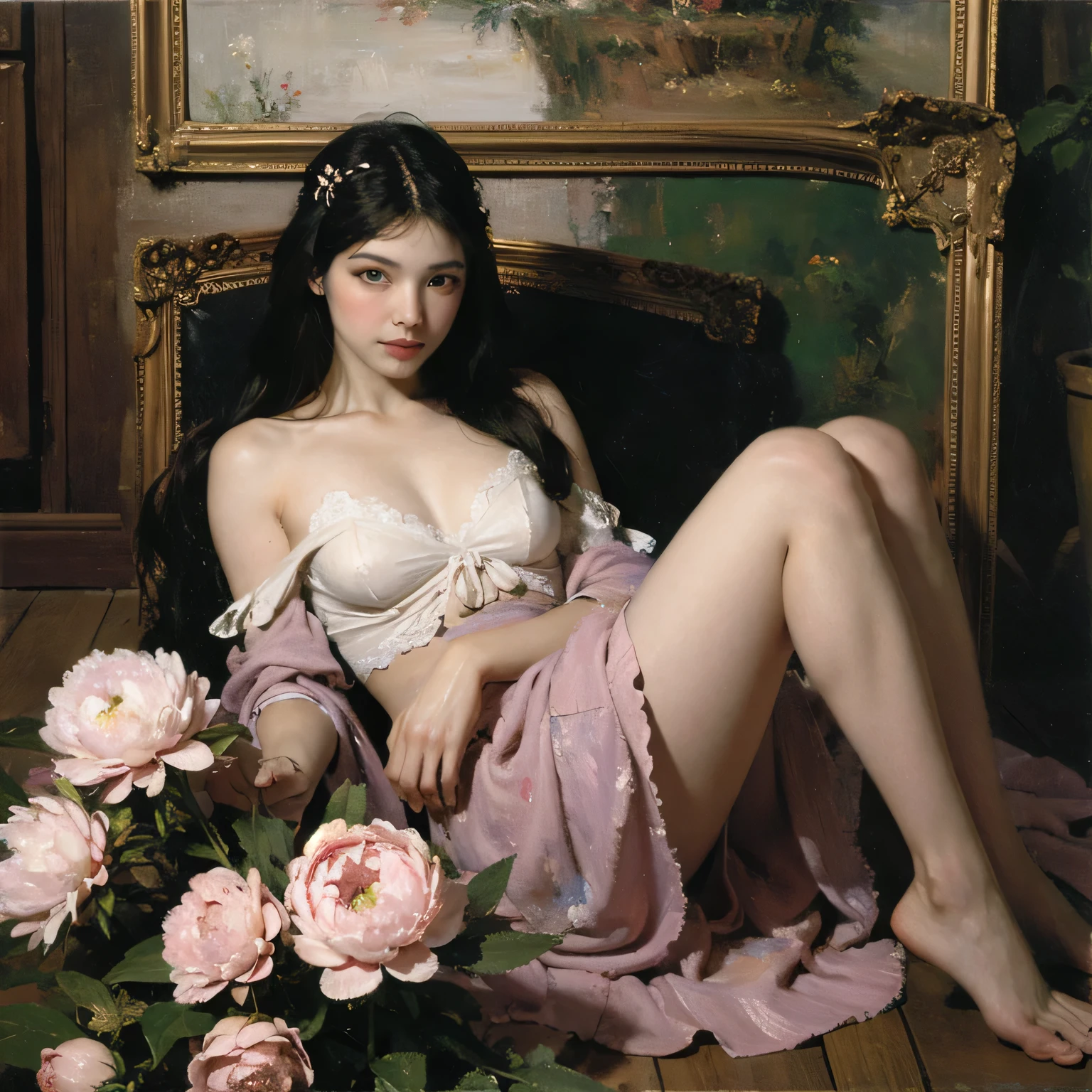 Lawrence Alma-Tadema style painting, solo one nude female sit in temple pool, beautiful perfect curvy wet awesome body, absolutly nude body, breasts big huge, nipples big hard, pubis nude hairy, buttocks soft perfect awesome correct, bright colors, fullbody, bright sunlight rays, beautiful exotic plants, face european italian caucasian sweet cute perfect, super detailed, masterpiece, hq, 16k, high detalisation, back view, correct anatomy, long legs straight correct, long hairs, small feet, ankle jewelry braslet