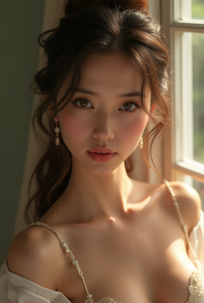 1beautiful young girls, Super beautiful detailed face, (Slightly open mouth:1.1), (Sexy look:1.1), (Beautiful big breasts:1.3), ((naked sheer lace underwear:1.4), Bare shoulders, wearing naked, (Bare chest), side breasts, pubick hair, cameltoe details, (Fine face:1.2), Accessories, earrings, conceptual art, High quality, Realistic, extremely detailed CG unified 8k wallpaper, ighly detailed, High-definition raw color photos, professional photograpy, Realistic portrait, Cinematic Light, Beautiful detailed, high details, (((Bokeh))), depth of fields, illumination, hotel bar lounge,