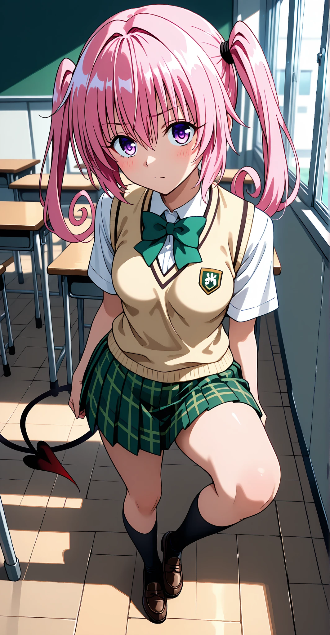 Laladevi Luke, Lara Deviluke, Long Hair, Pink Hair, tail, Ahoge, bangs, hair ornaments, (Green Eyes:1.5), smile,
break , White shirt, (yellow blazer:1.5), blazer, ribbon, green ribbon, Pleats, Pleats skirt, skirt, (green skirt:1.5),
break indoors, classroom,
break looking at viewer, (Cowboy Shot:1.5),
break (masterpiece:1.2), Highest quality, High resolution, unity 8k wallpaper, (figure:0.8), (beautiful detailed eyes:1.6), extremely detailed face, Perfect lighting, extremely detailed CG, (Perfect hands, Perfect Anatomy),Plump body、Naughty smile、Wet costume、Squatting with legs apart、blush、Sweaty