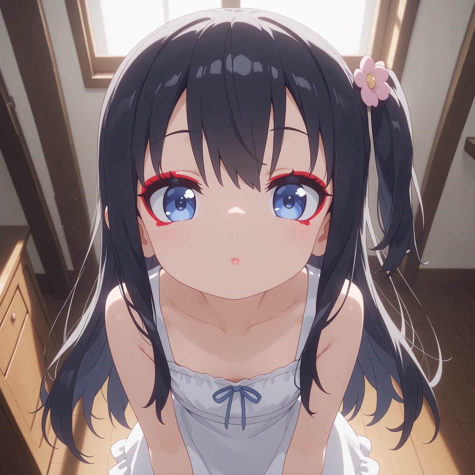 looking at viewer,looking up,from above,upper body,1girl,lick,Hands Behind Back,Tied with hands behind back,Beautiful 14 year old girl,Japanese,Slender,,low length,Small breasts,Baby Face,Small face,Black Hair,one side up,Gray Eyes,slit pupils,Drooping eyes,middle School girls,Sheer black and white negligee,lingerie,first round,open mouth,tongue out,front face,Straight Stand,Beautiful and detailed anime art,Mischievous smile,Sexy vibe,cum on tongue,Dimly lit room,On the bed,Simple Background,Gray background,Low lighting