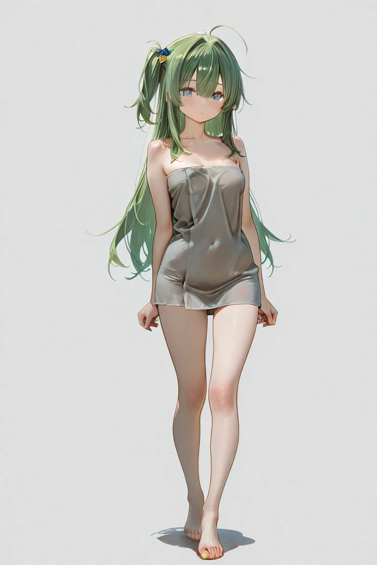 (((Light Skin Woman))),(((Long tea green hair without bangs))),(((voluminous and curvy body))),(((Lime green eyes))),(((Alone))),(((Wearing a soft white dress)))
