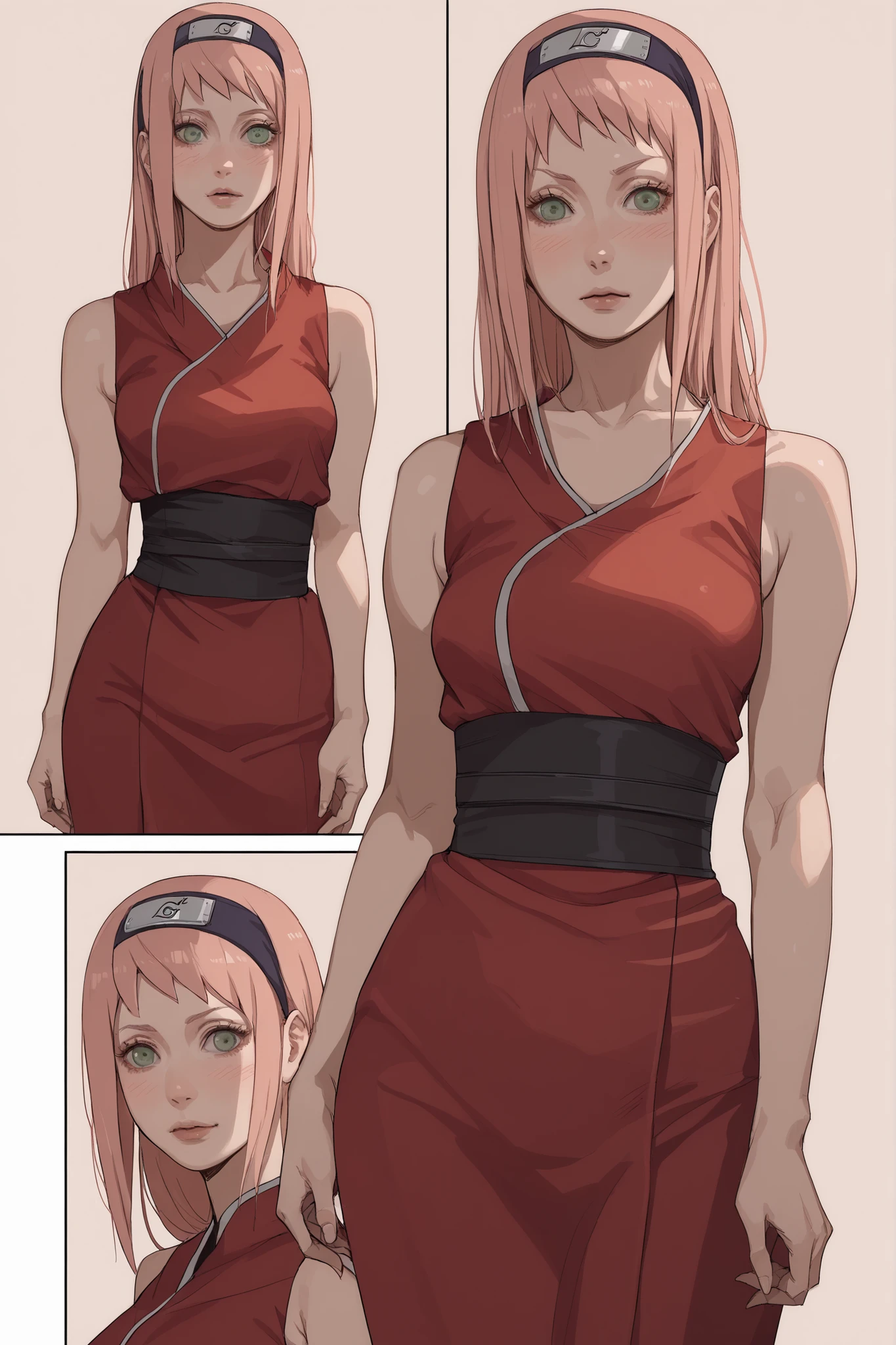 1 girl, Sakura Haruno, pink hair, partered bangs, long hair, green eyes, head band, blush lines, pale skin, voluptuous, medium breasts, red dress, black sash, simple background, Naruto Shippuuden, hentai comic, frames, multiple views