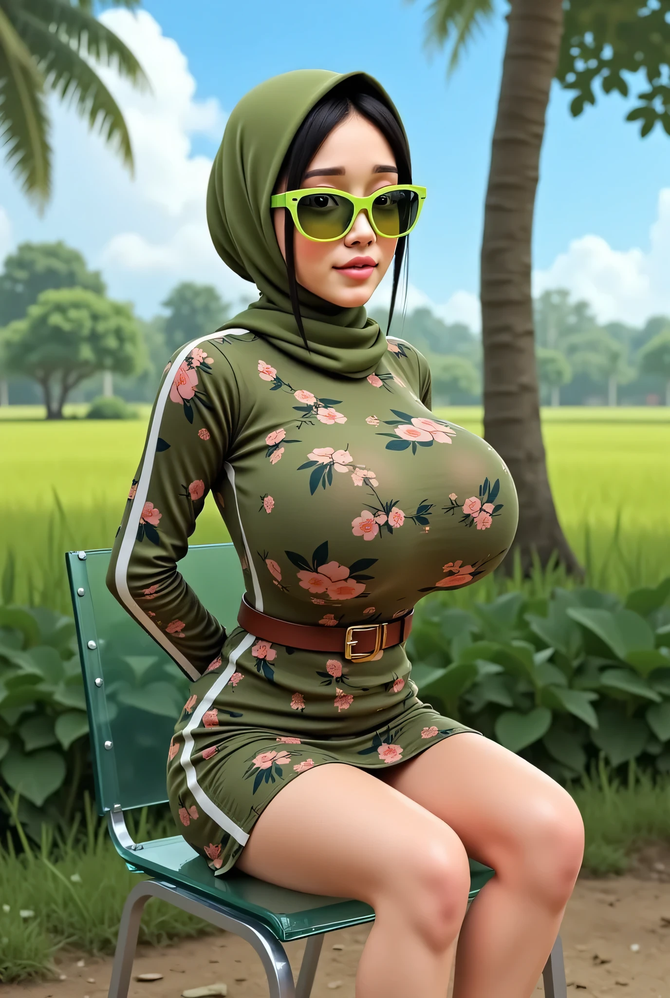Large sagging breasts, fluorescent green sunglasses, (Shiny Breasts:5.24), (plump plump) hijab hijab hijab hijab, (Photorealistic:1.6) Indonesian hijab dry aunty wear bra and (Small tiny short skirt), background rice paddy. daytime atmosphere, don't put any rope! flat chest!, sitting on a glass chair, hands behind back while legs astride, Look from the front you are stupid!, wearing Detailed Fully ARMY SOLDIER print (translucent) ruffle tight dress bootcut , (Wearing a leather belt with a copper buckle) (rolling eyes:2), (puffed cheeks:2), awan & langit kebiru biaruan. 38g, Masterpiece, High Quality, Realistic Drawing, 2D Comic Style, Ghibli-like Colors, Chalk/Crayon Colors, Cel-Shading, Halftone dots Technique, Realistic Comic Painting