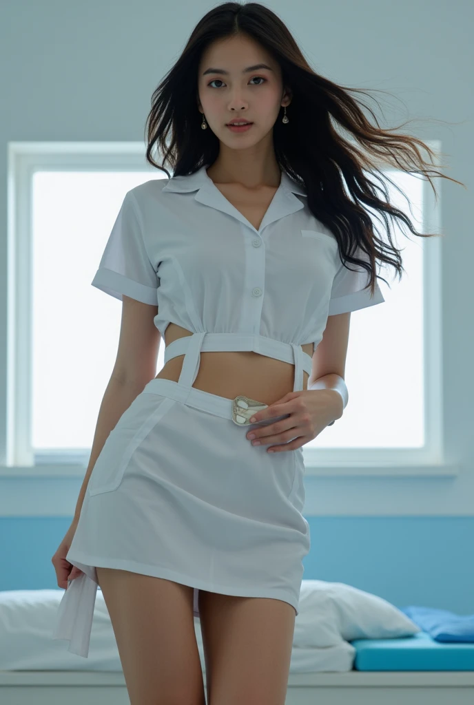 Top quality, Photo Real, High resolution, Detailed Background, (((Beautiful skin in every detail))), Detailed nose, (((Without makeup1.100))),(((Completely no makeup))),((Clear and beautiful skin with transparency1.100)),Soft lighting, (Solo Shot:1.9),(((Thick fabric round collar nurse uniform1.15))),(((She is wearing a white clothes which is completely buttoned1.20))),(tight clothing1.8),(((She is wearing a cute shape plain color nurse cap))),Neat clothes with little exposure,(((Very soft-looking thighs1.30))),(((Short skirt))),(((Neck choker))),(((Garter belt))),Little close-up shot, (((Shooting above the knee))),Nice hands, Perfect hands, Clear Eyes,Pale skin,1 beautiful woman, (Japanese girl1.55),(((Around 11 years old1.20))),(Permed hair1.8),(((Bun hair1.8))),(((Soft-looking chest1.10))),(((A very large and well-shaped chesthidden under clothes1.10))),(((Cute lips1.20))),(((Great style1.55))), (Open-mouthed and smiling very happily1.10),(She is laughing heartily with her mouth wide open, and she looks so cute1.20),Beautiful eyes,Looking up with eyes,Staring at me,staring directly,smile towards,(She is looking straight at me from the front1.15),((Accurate structure of the limbs1.20)),(((She is working at a cutting edge and stylish hospital1.20))),