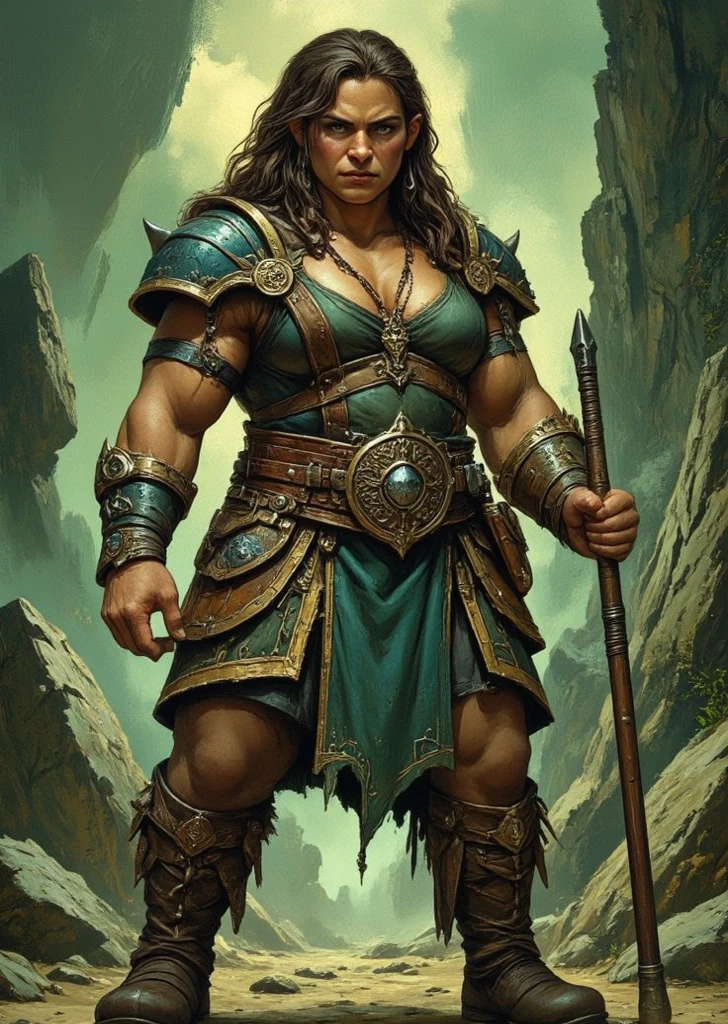 "An absolute masterpiece with the highest quality, featuring a magnificent bronze skinned female character striking a heroic pose while standing boldly on a cliff, wearing barbarian armor, angry expression, exuding confidence and power, and showcasing a charming and chubby physique." (hanging : 2.0) (wide waist)