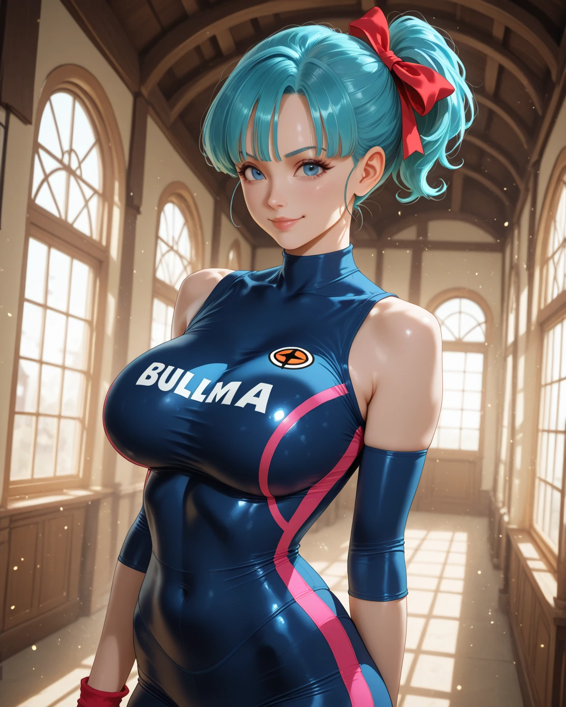 Anime woman with blue hair and glasses in a yellow skin-tight dress