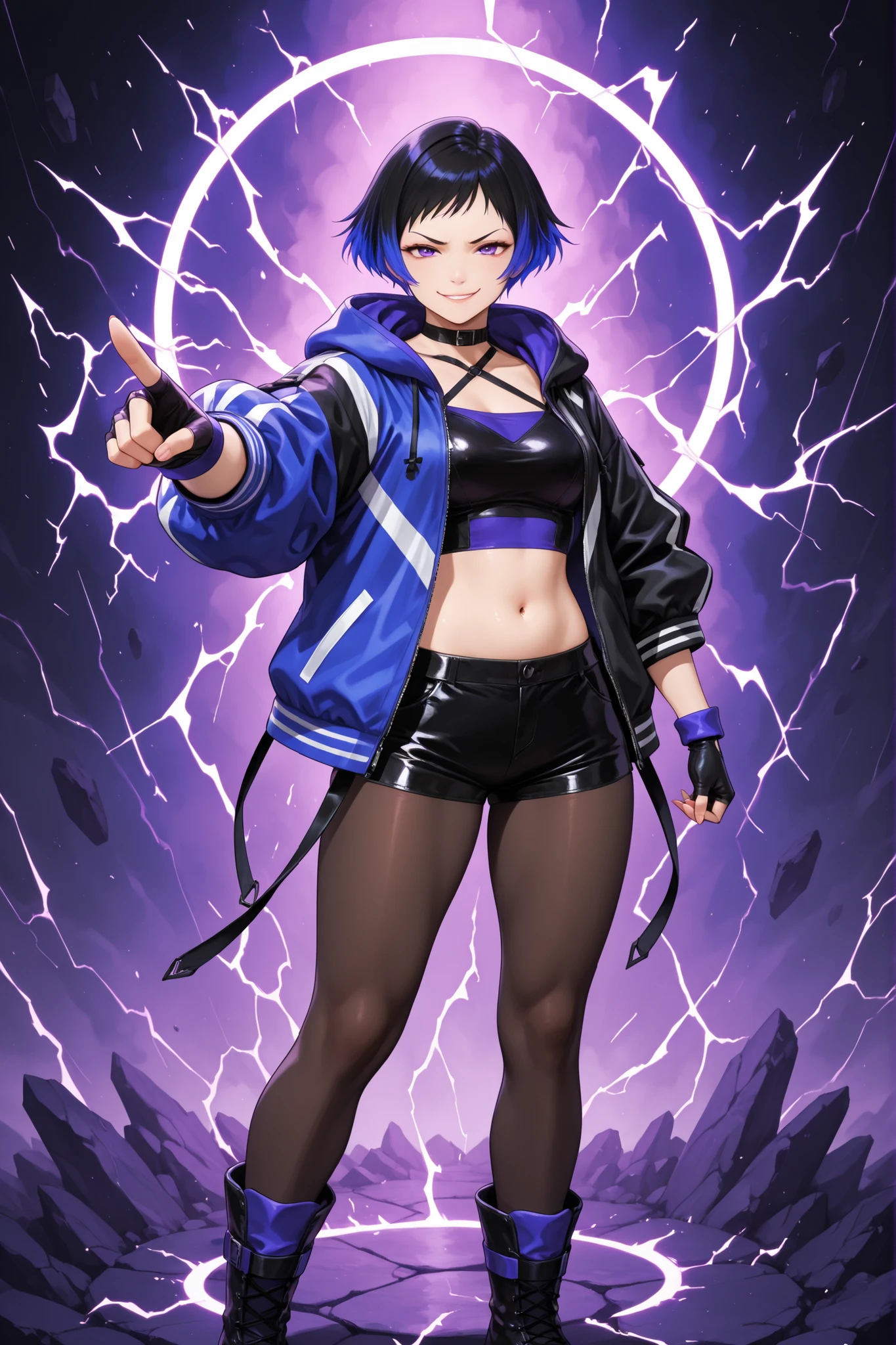 1 girl, reina mishima, fingerless gloves, colored spikes, choker, short hair, smile, open jacket, jacket, two-tone jacket, multicolored jacket, two-tone hair, gloves, hood, electricity, multicolored hair, multicolored clothes, crop top, hooded jacket, shorts, boots, faded hair, tights, belly button, smug smile, sexy, attractive, in the ring, pointing at viewer