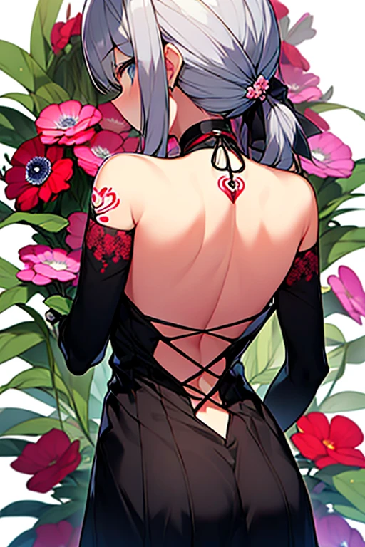 full body, solo, 1girl, looking away, smile, blush, small breasts, bronze hair, high ponytail, silver eyes, black clothes, night, Phalaenopsis \(flower\), floral background <lora:Yoshida_Akihiko_style_v01:1>