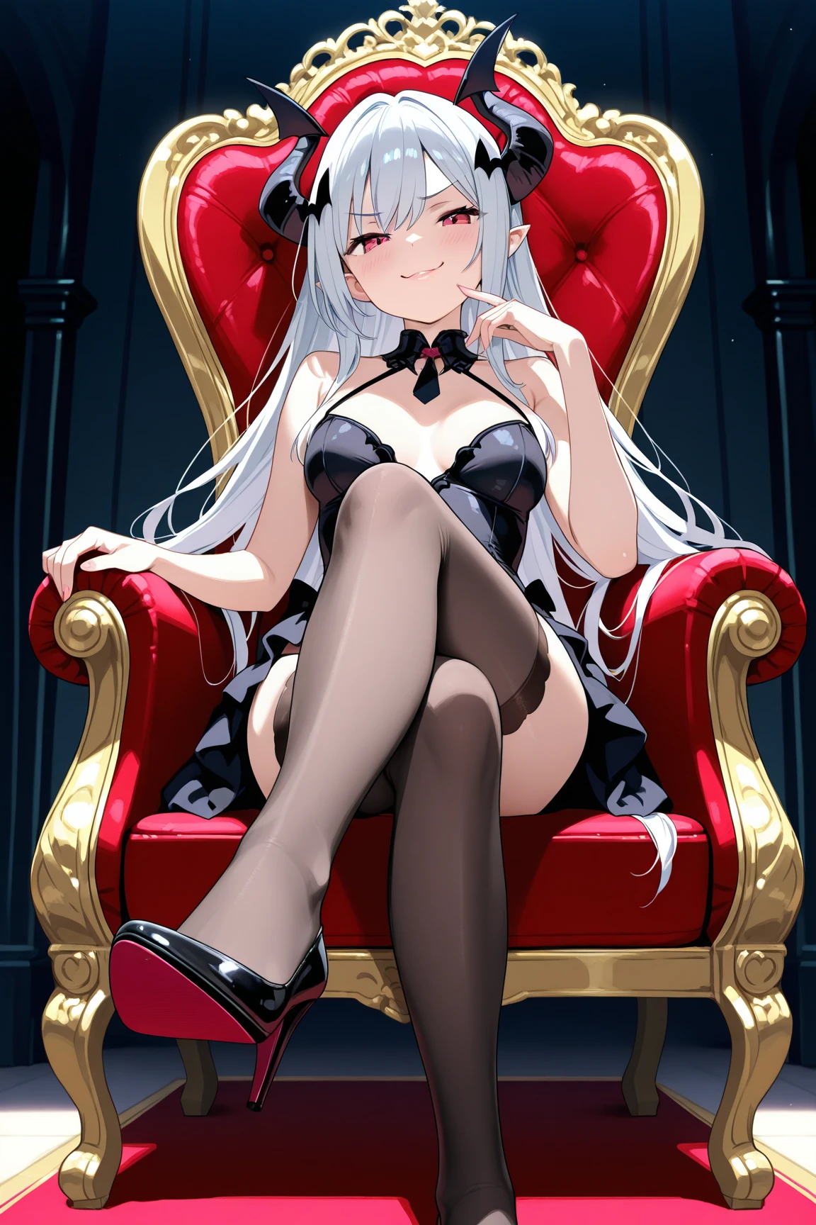 ((Masterpiece, Best quality))++, Detailed light+, Detail hair+, detail hand+ ,1girll, woman, Long hair, dark red eye, Beautiful eyes, Young gray hair,,(Beautiful white hair:1.5),(Beautiful detailed eyes), , high resolution+, Masterpiece, , Glass tones, Reflective eyes, {{Angle}} , extremelydetailedwallpaper, Original,full bodyesbian,Bedrooms,upper legs, starrysky,Issuing,Black thigh boots,Black lace-up boots,Gothic_Lolita,Normal legs,The reveal panties,The edges of the boots are noticeably different,Leg correction,beret,Sit in a chair
